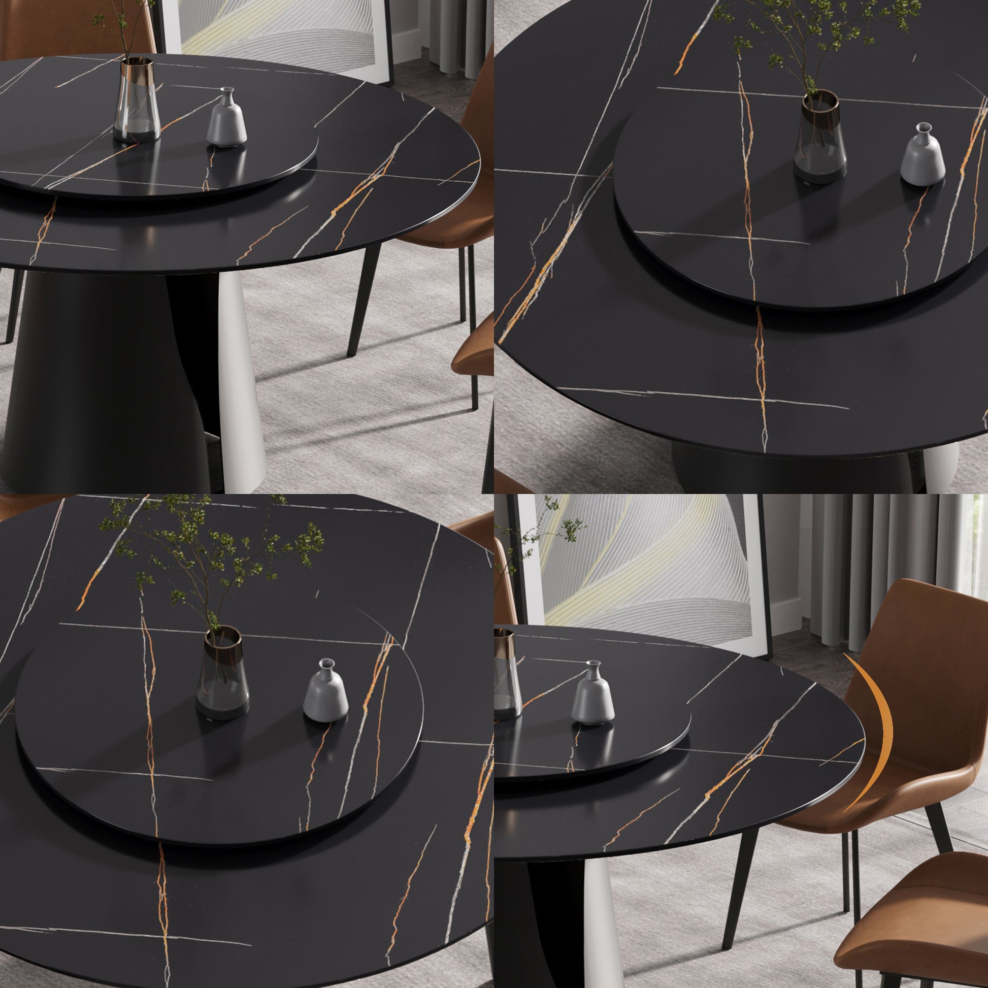 Black marble dining table with gold veining and lazy Susan
