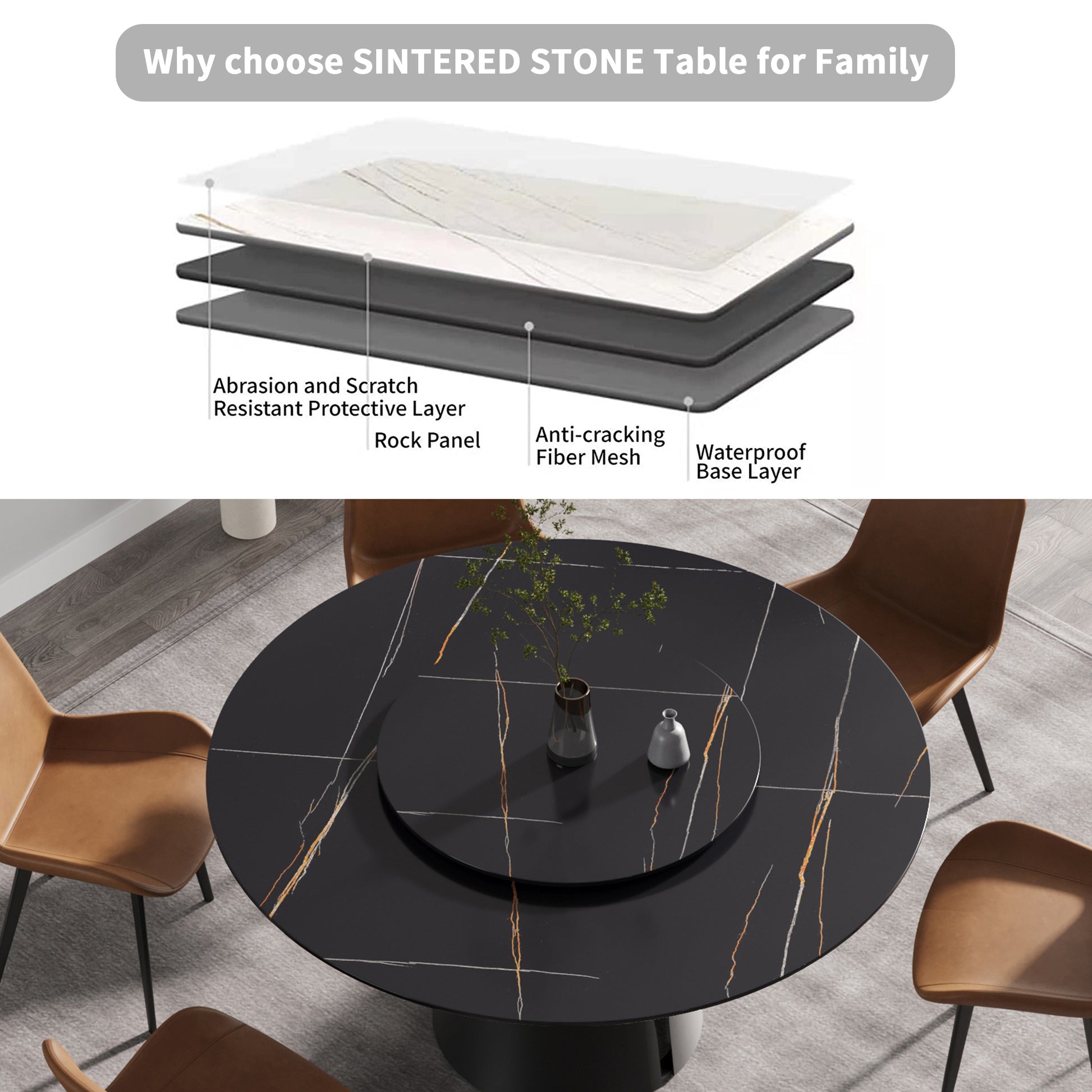 Round black sintered stone dining table with gold veins and lazy Susan