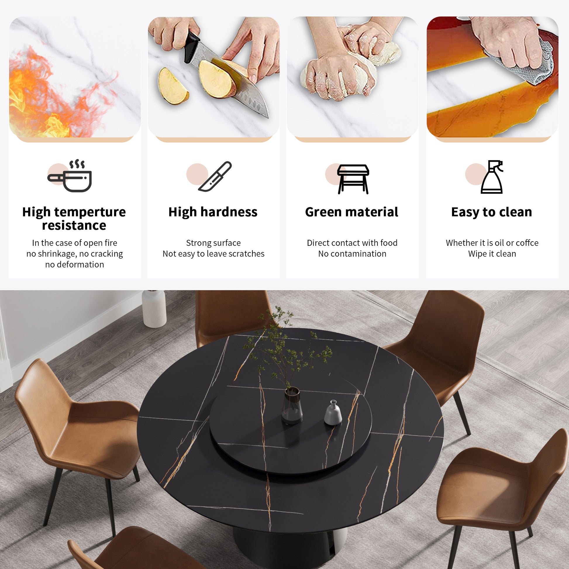 Black marble dining table with gold veins and four brown leather chairs