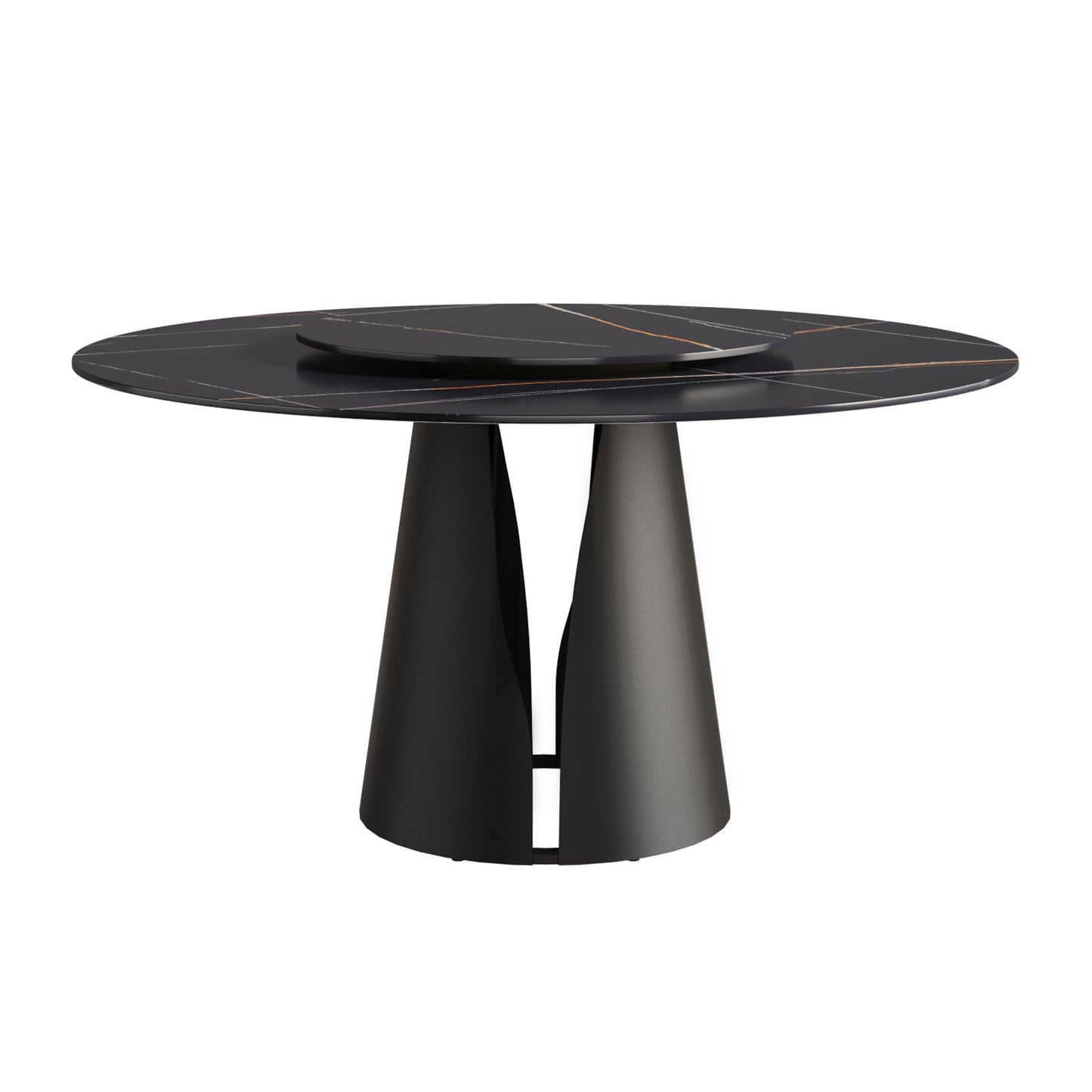 Round black marble dining table with gold veining and modern pedestal base