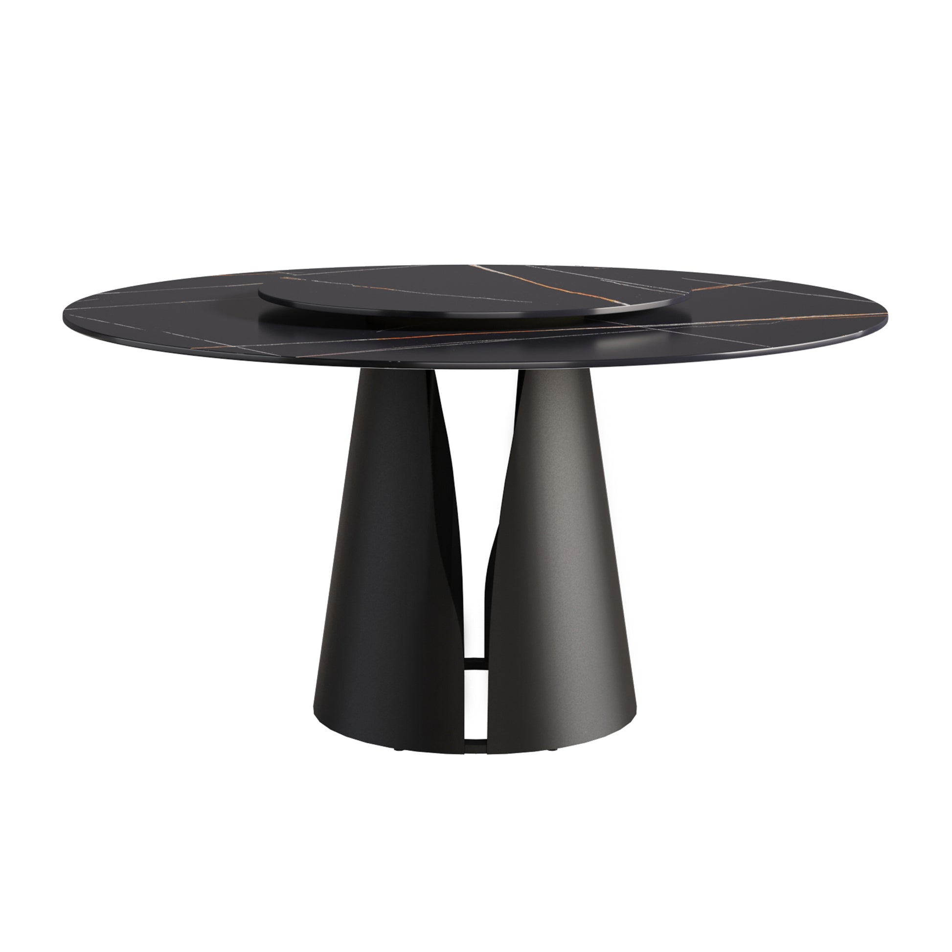 Round black marble dining table with gold veining and modern pedestal base