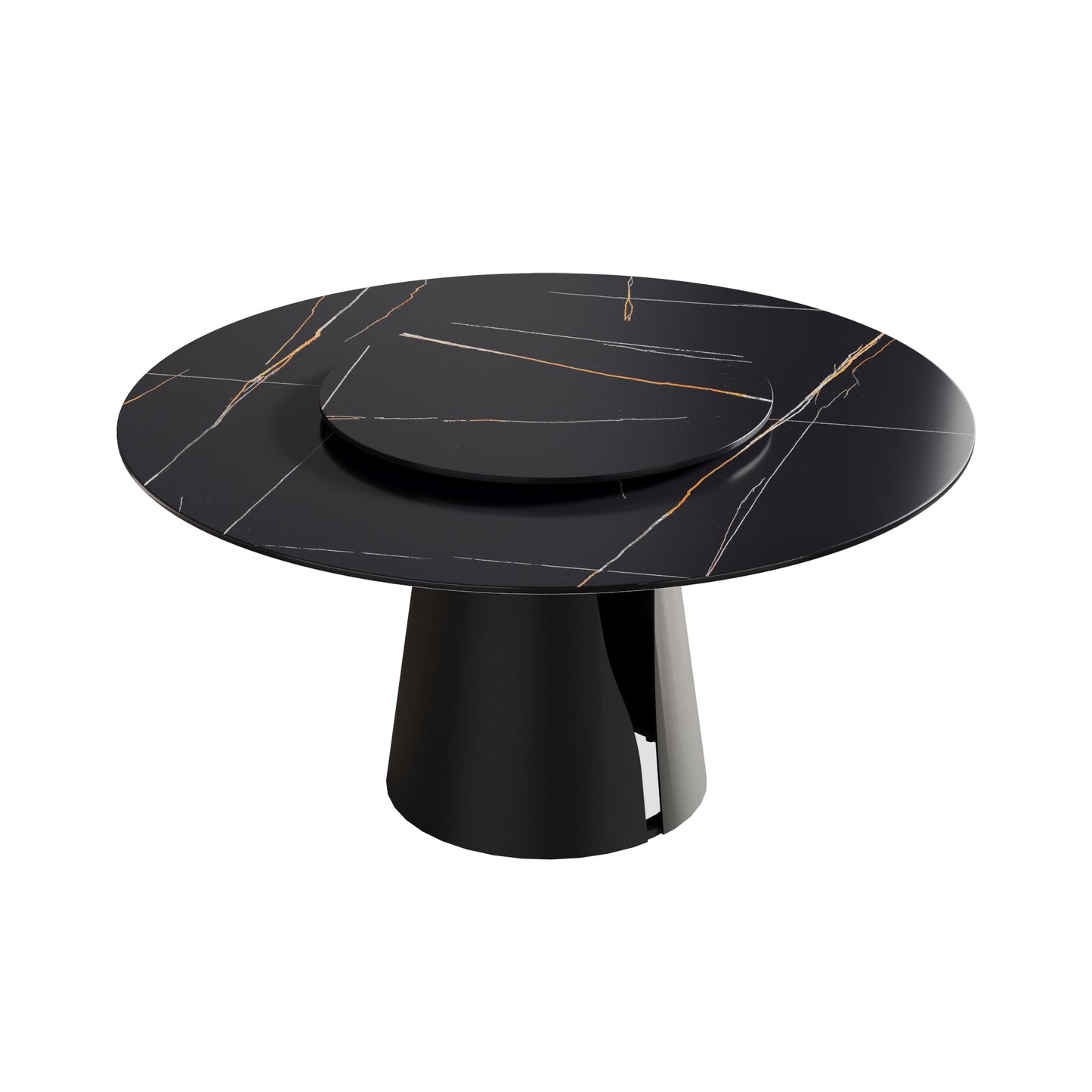 Black marble rotating dining table with gold and white veining