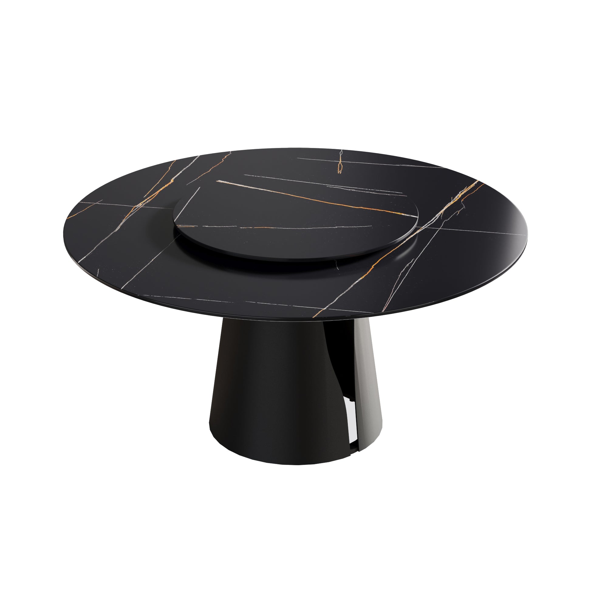 Black marble rotating dining table with gold and white veining