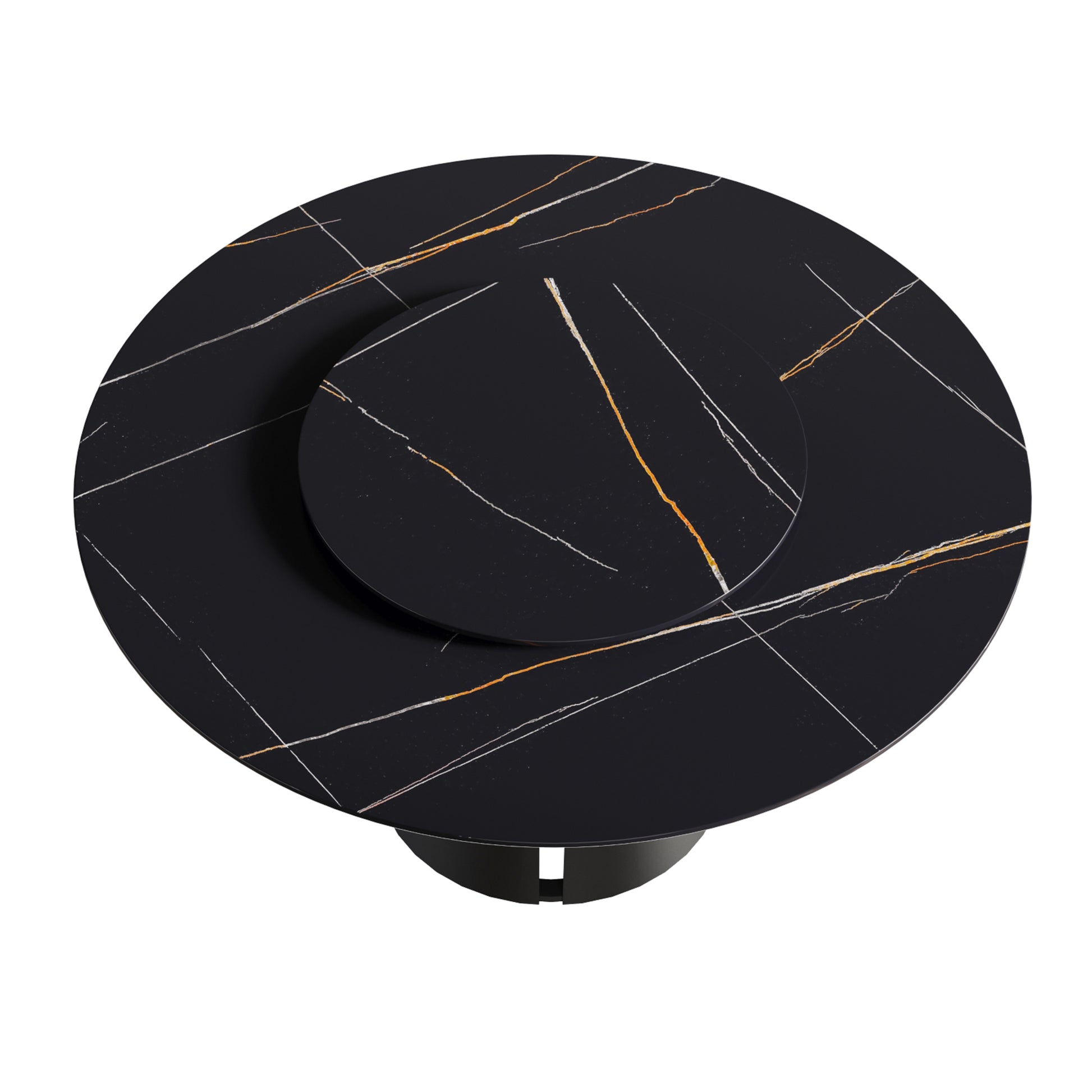 Round black marble coffee table with gold and white veining