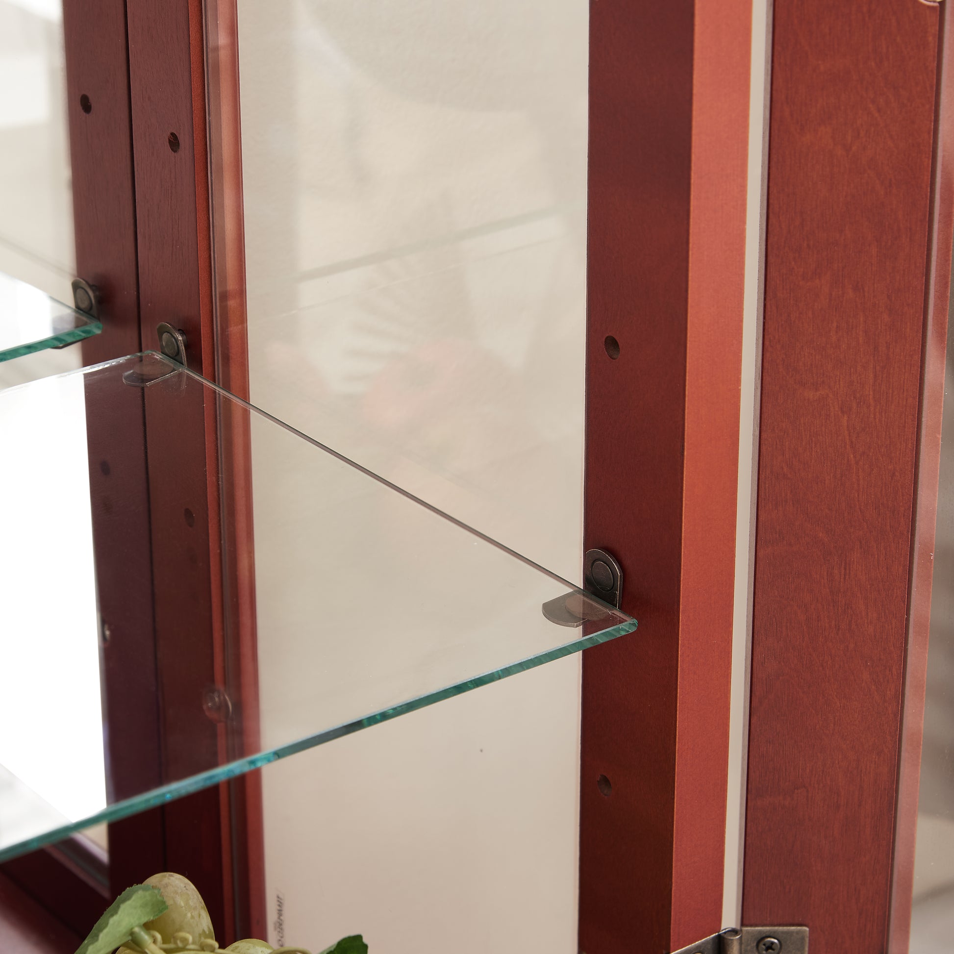 Mahogany wood display cabinet with glass shelves