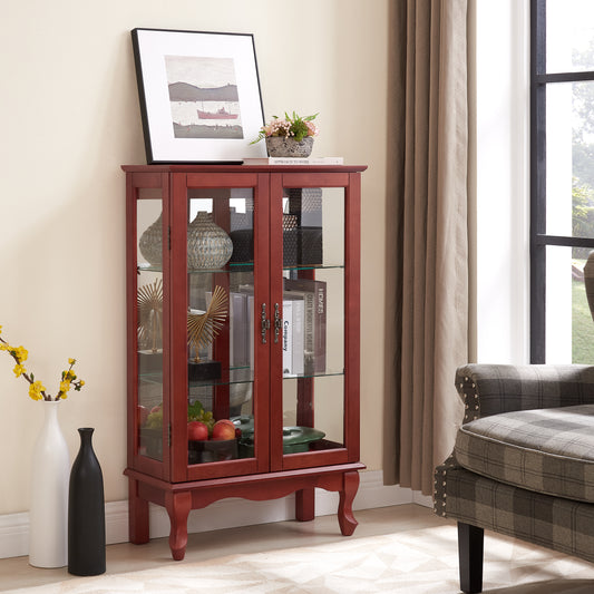 Cherry wood glass display cabinet with decorative items inside