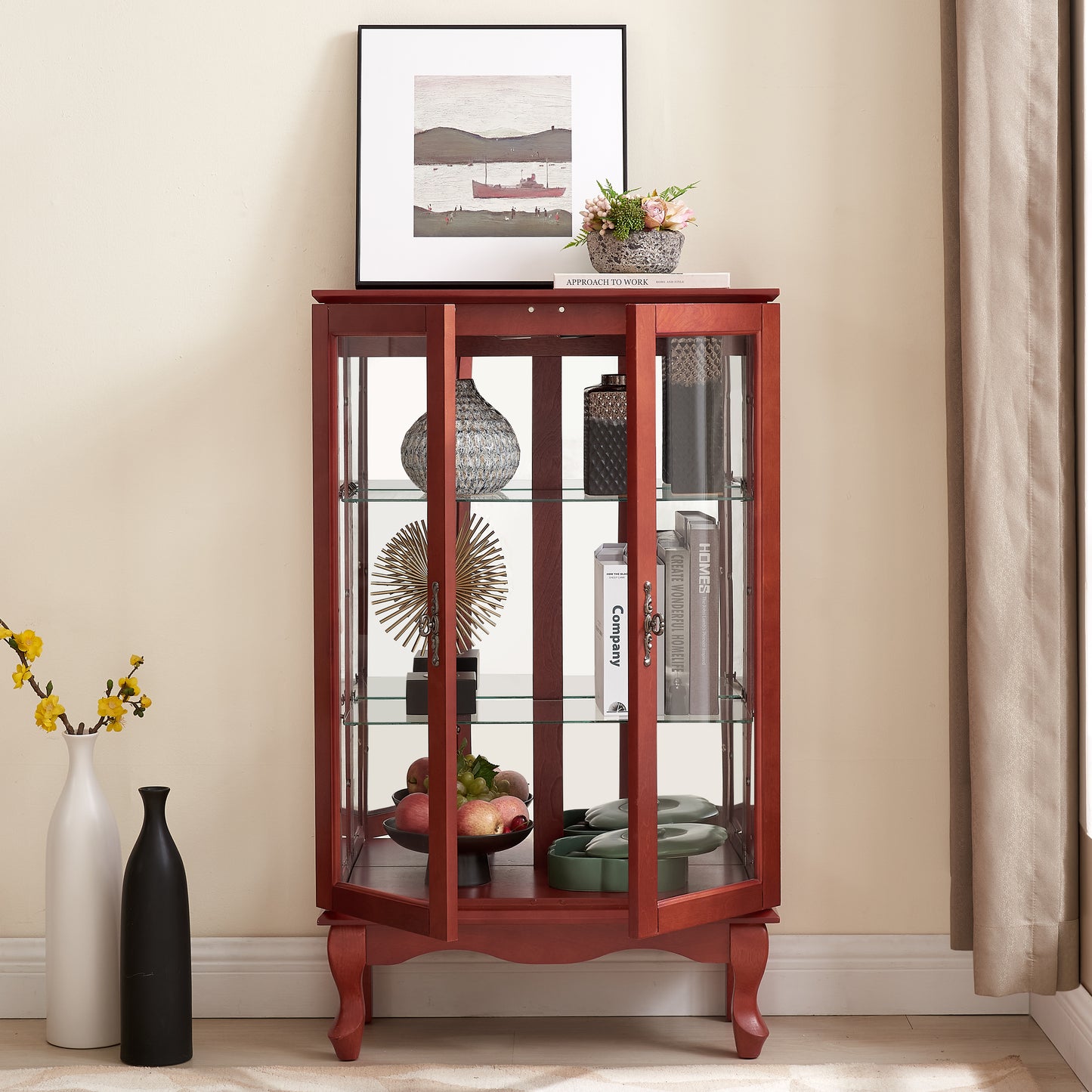Cherry wood curio cabinet with glass shelves displaying decorative items
