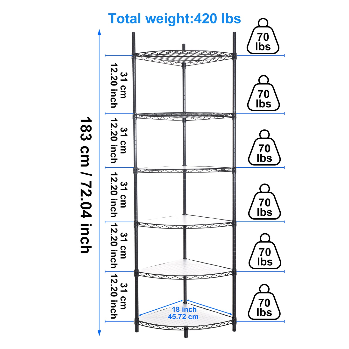 Black metal tier corner shelving unit with  cm shelf depth  lbs total weight capacity