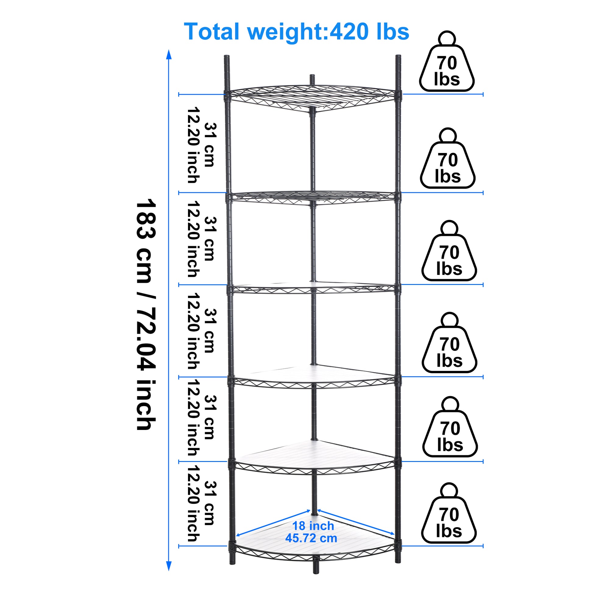 Black metal tier corner shelving unit with  cm shelf depth  lbs total weight capacity