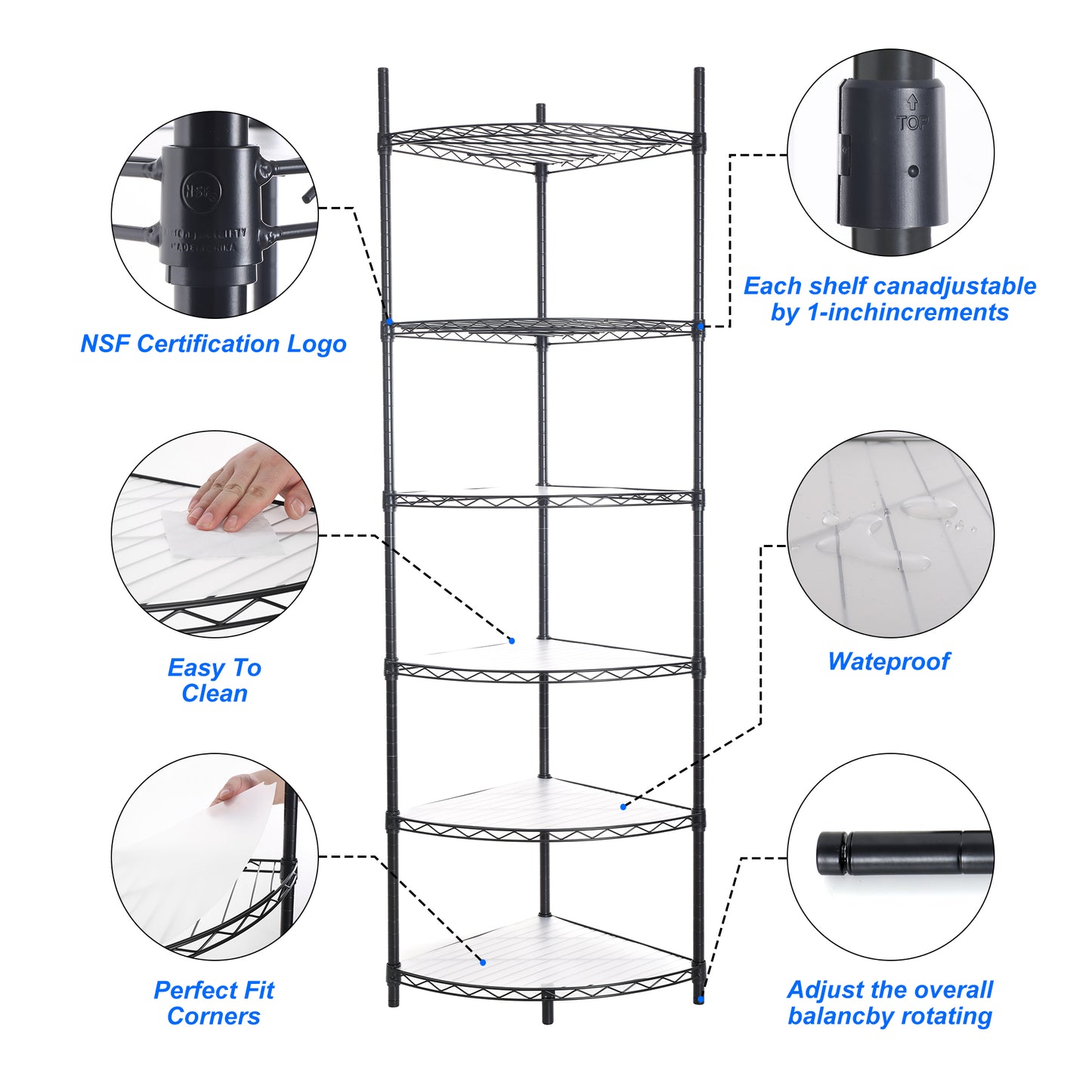Black fivetier corner shelving unit with NSF certification logo on pole