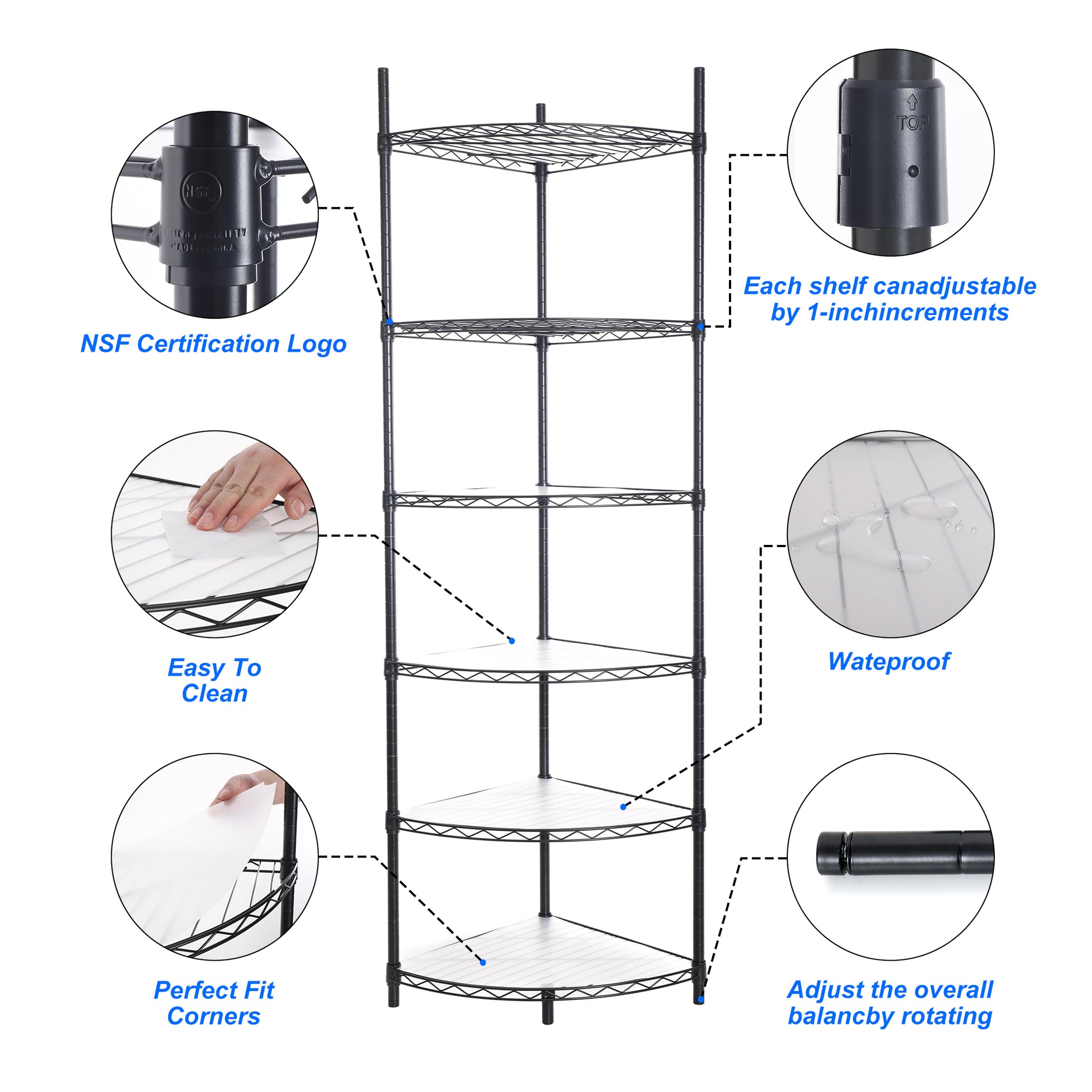 Black fivetier corner shelving unit with NSF certification logo on pole
