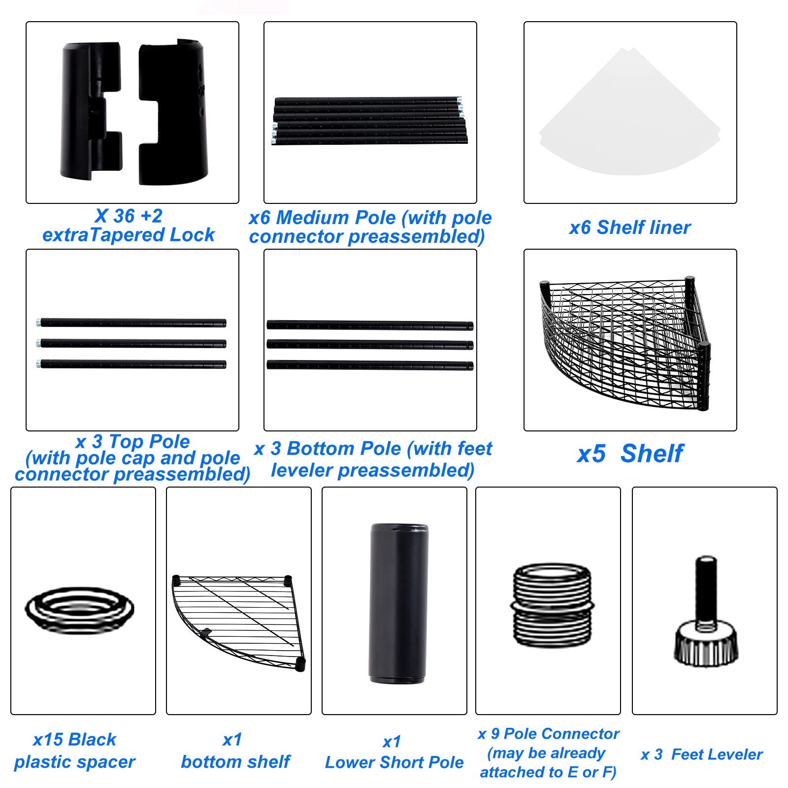 Two black tapered locking connectors for shelving units