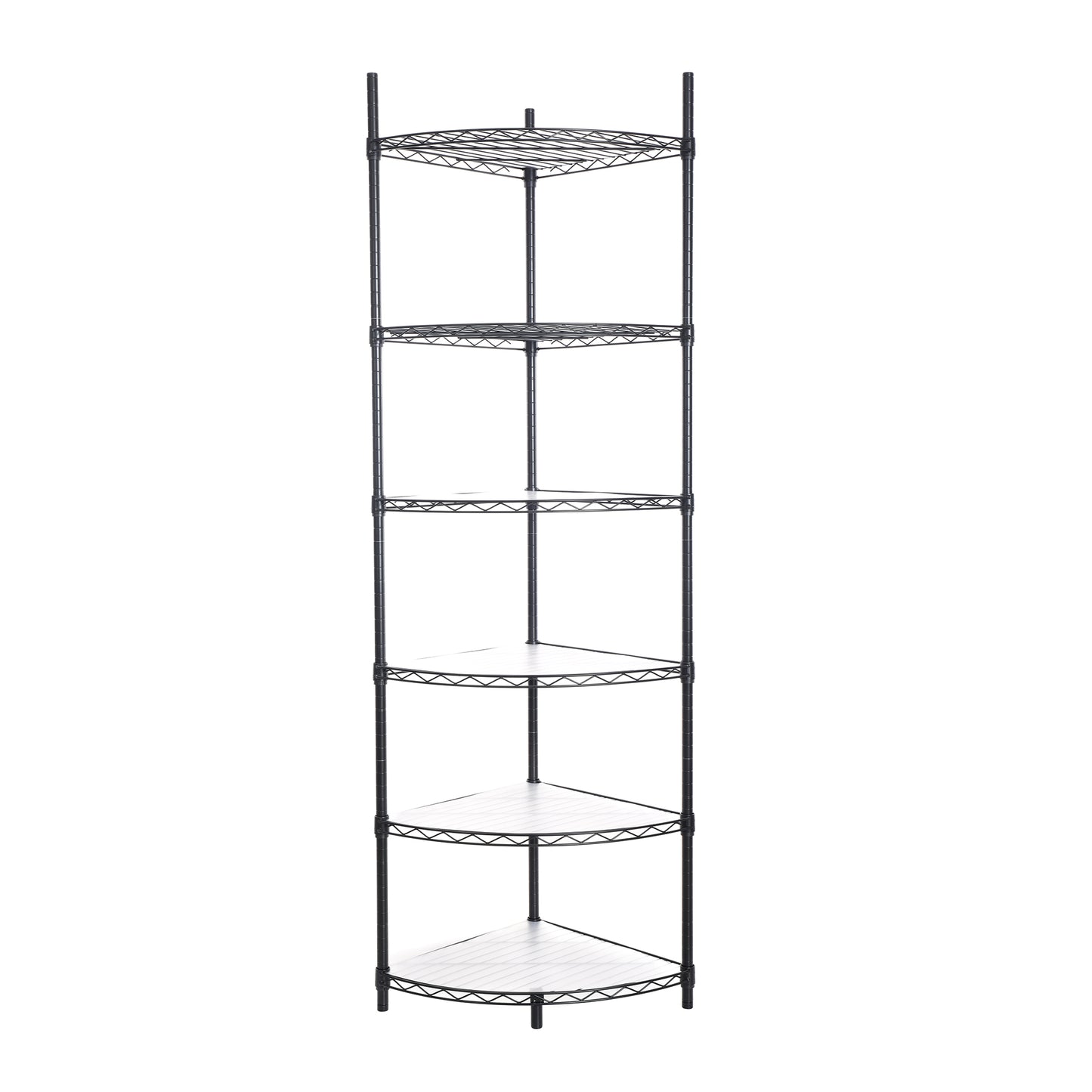 Black metal tier corner shelf unit with white woodlook shelves for storage