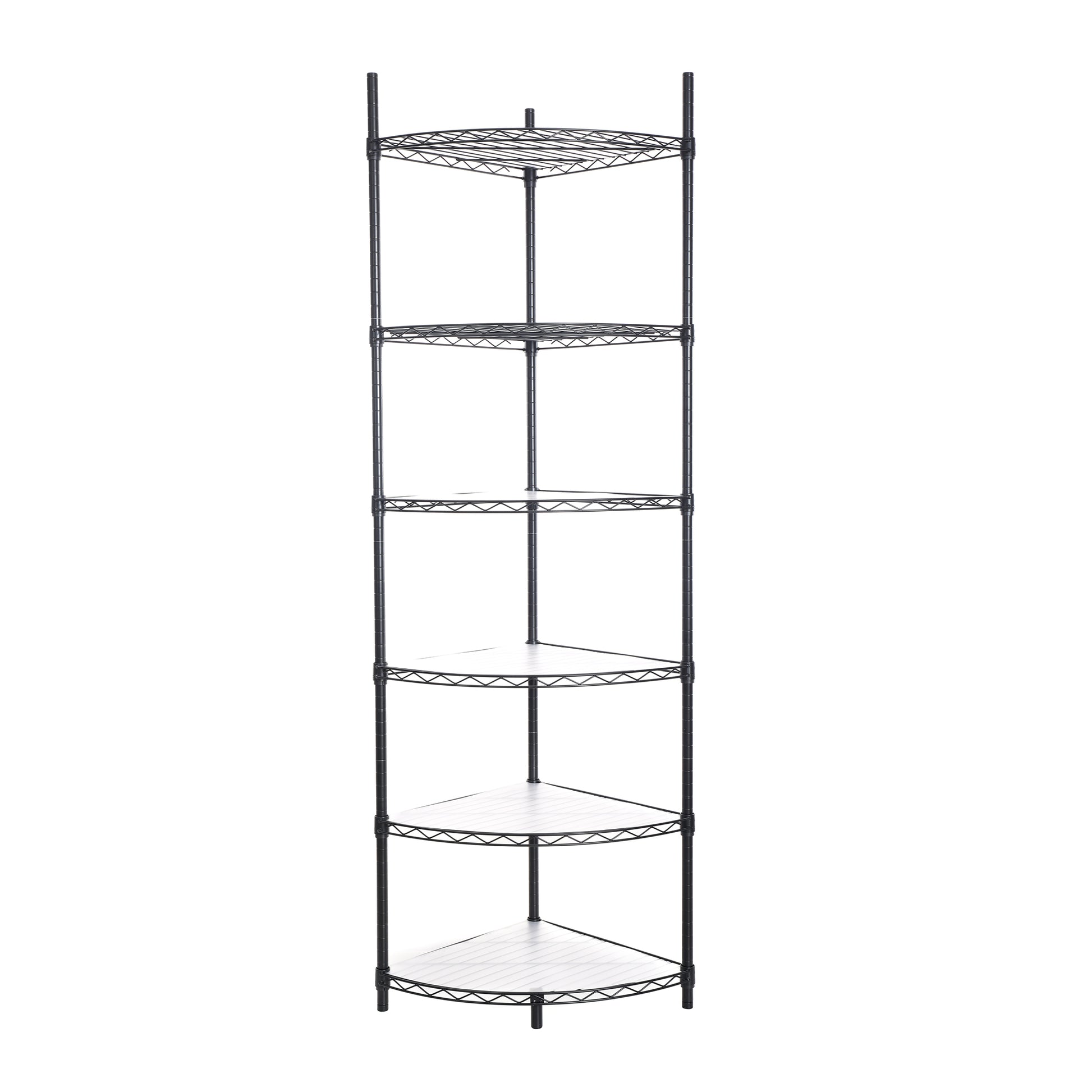 Black metal tier corner shelf unit with white woodlook shelves for storage