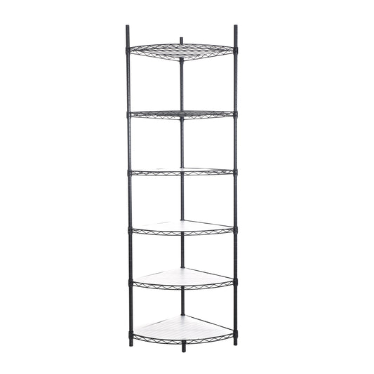 Black metal tier corner shelf unit with white woodlook shelves for storage