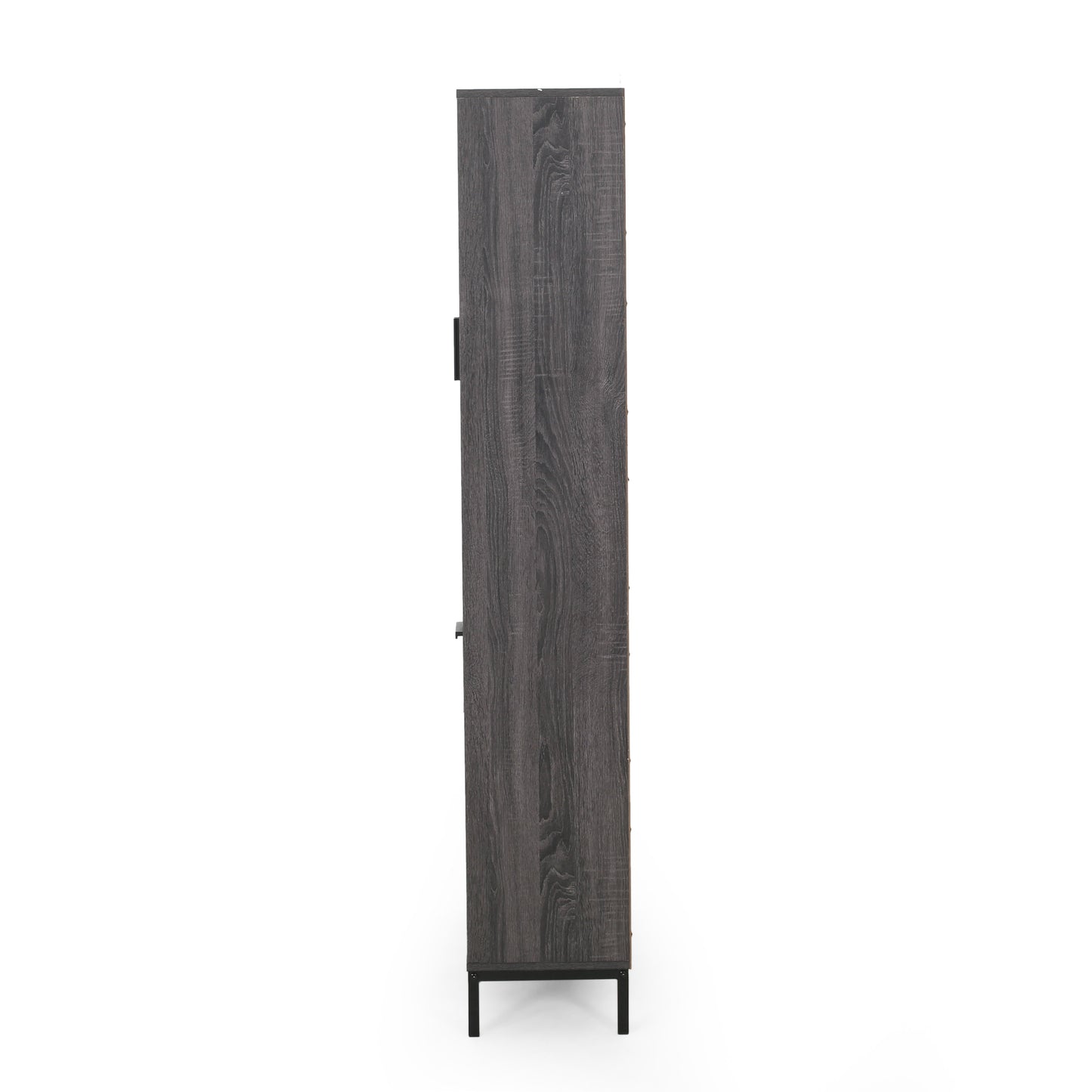 Dark wood veneer tall bookshelf with metal legs on white background