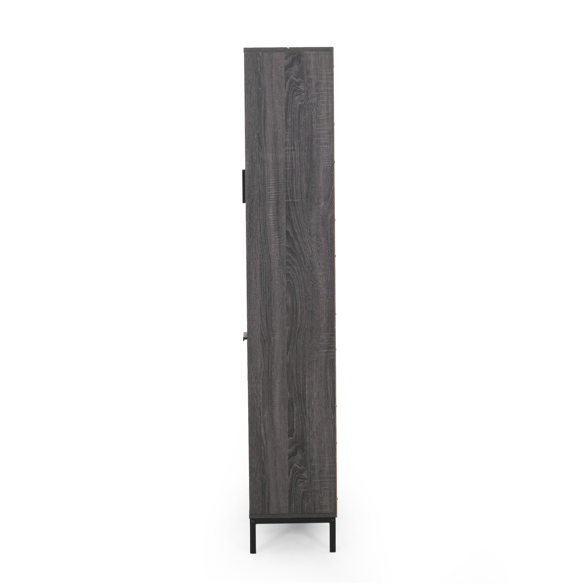 Dark wood veneer tall bookshelf with metal legs on white background