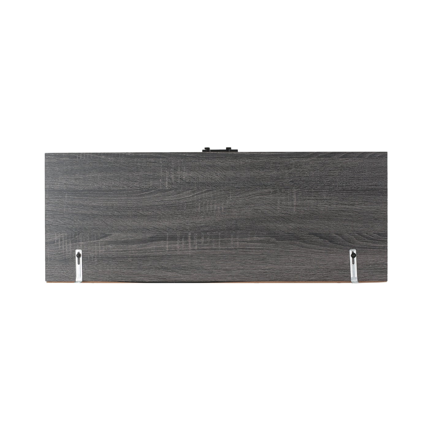 Dark gray wood grain shelf backing with metal mounting brackets