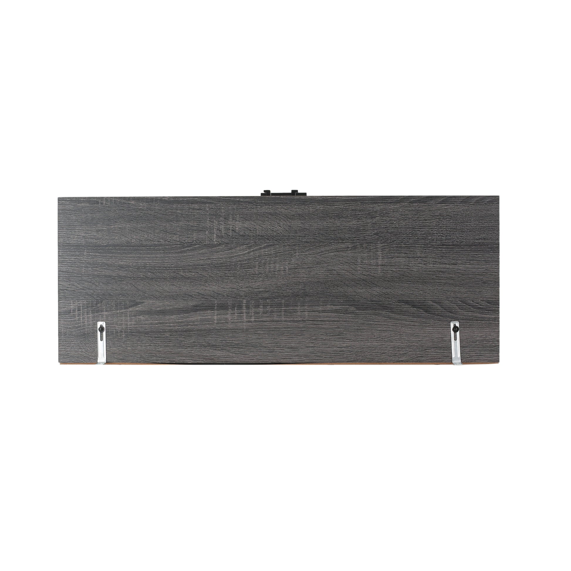 Dark gray wood grain shelf backing with metal mounting brackets