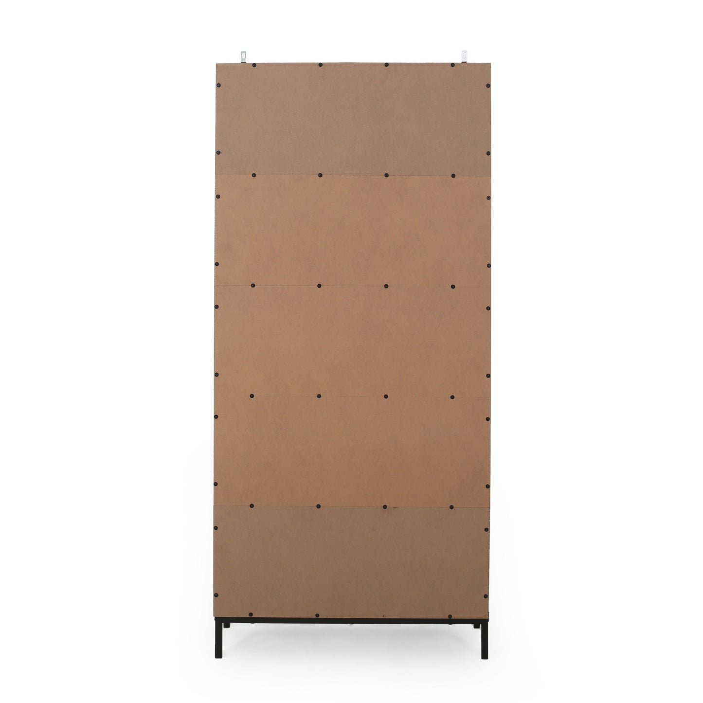 Back view of tall particleboard shelf unit with metal frame