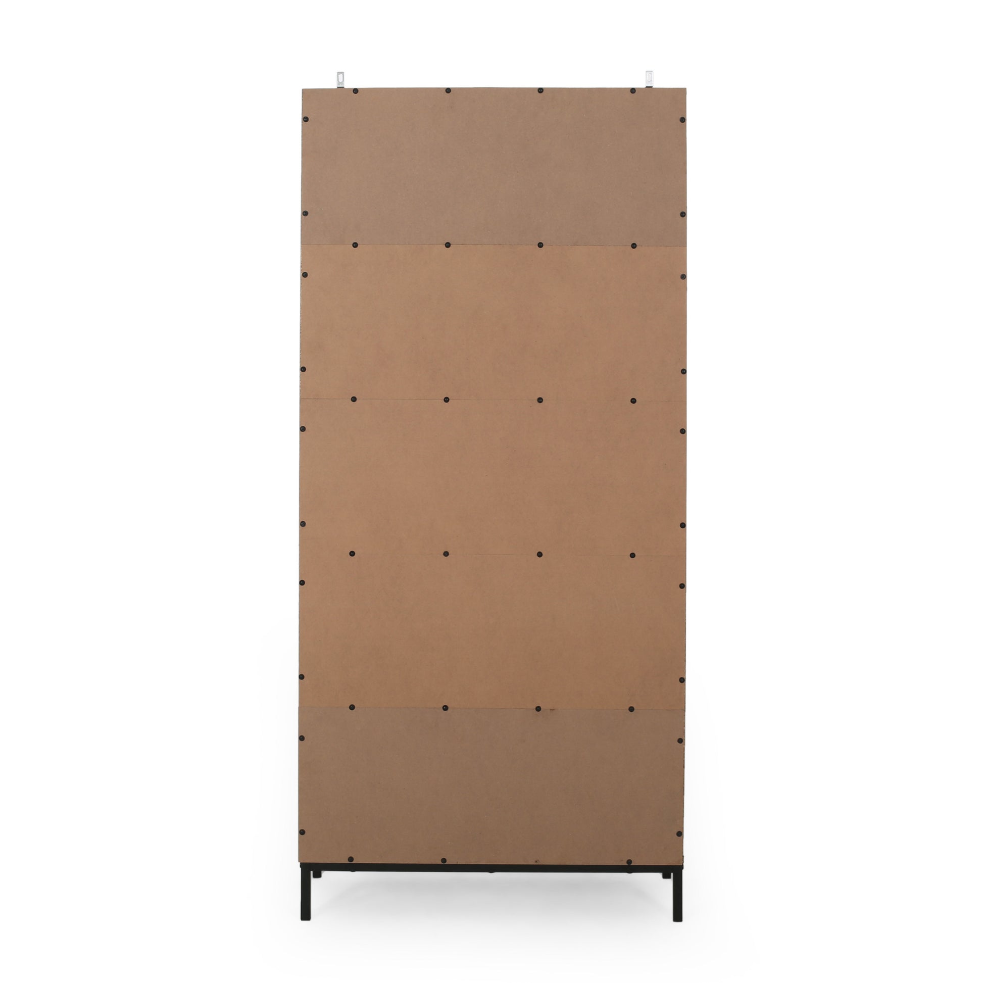 Back view of tall particleboard shelf unit with metal frame