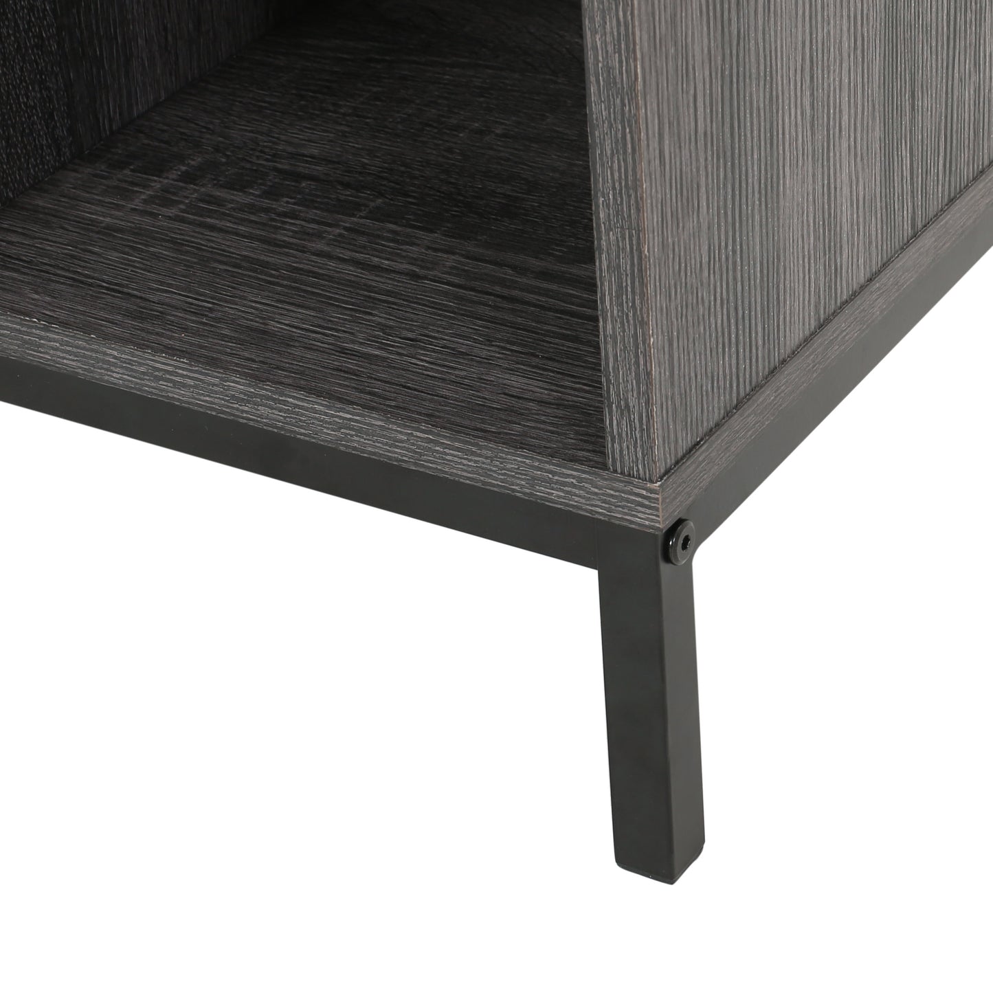 Dark grey wood grain shelf unit with black metal legs