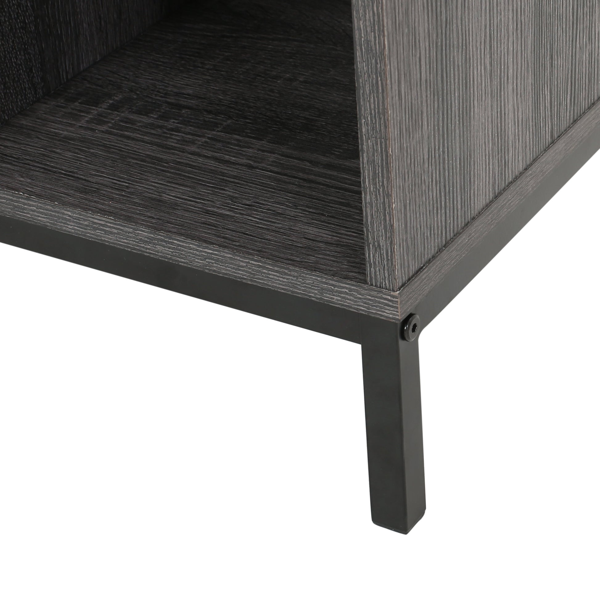 Dark grey wood grain shelf unit with black metal legs