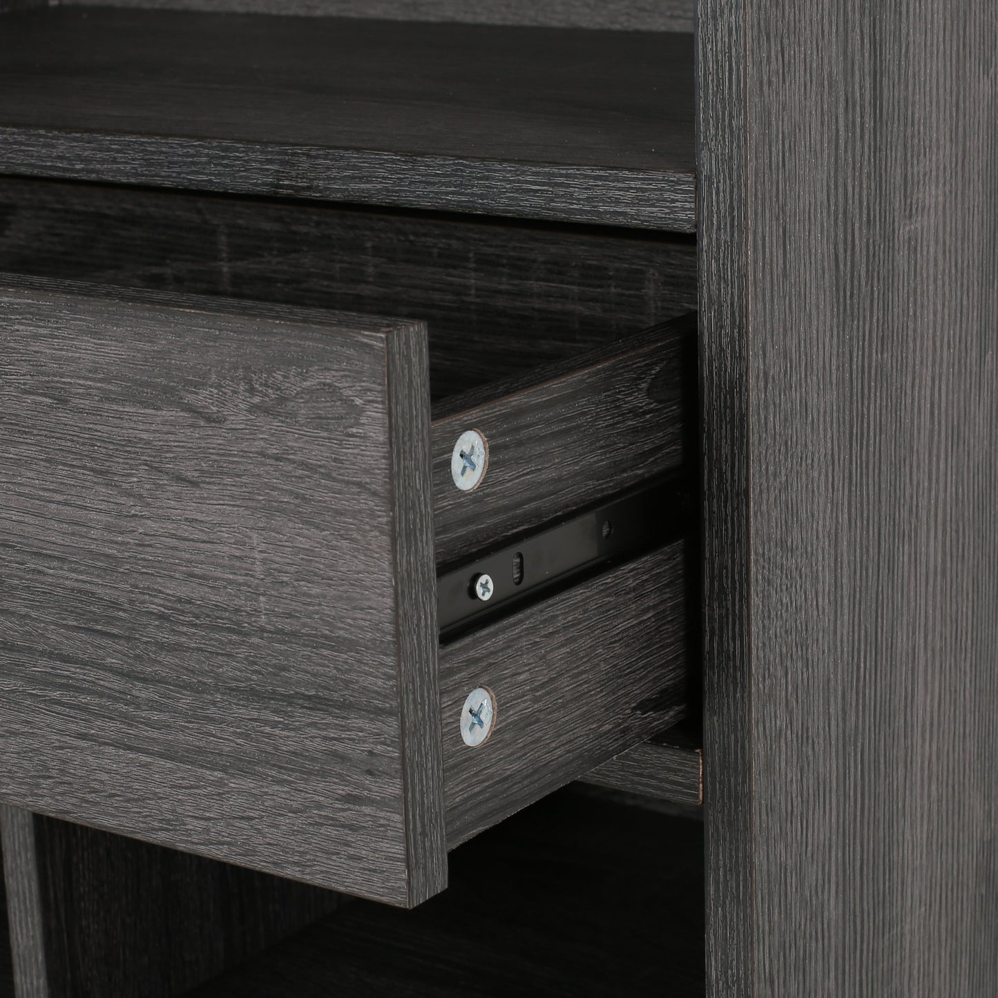 Dark wood grain drawer front with exposed metal drawer slide