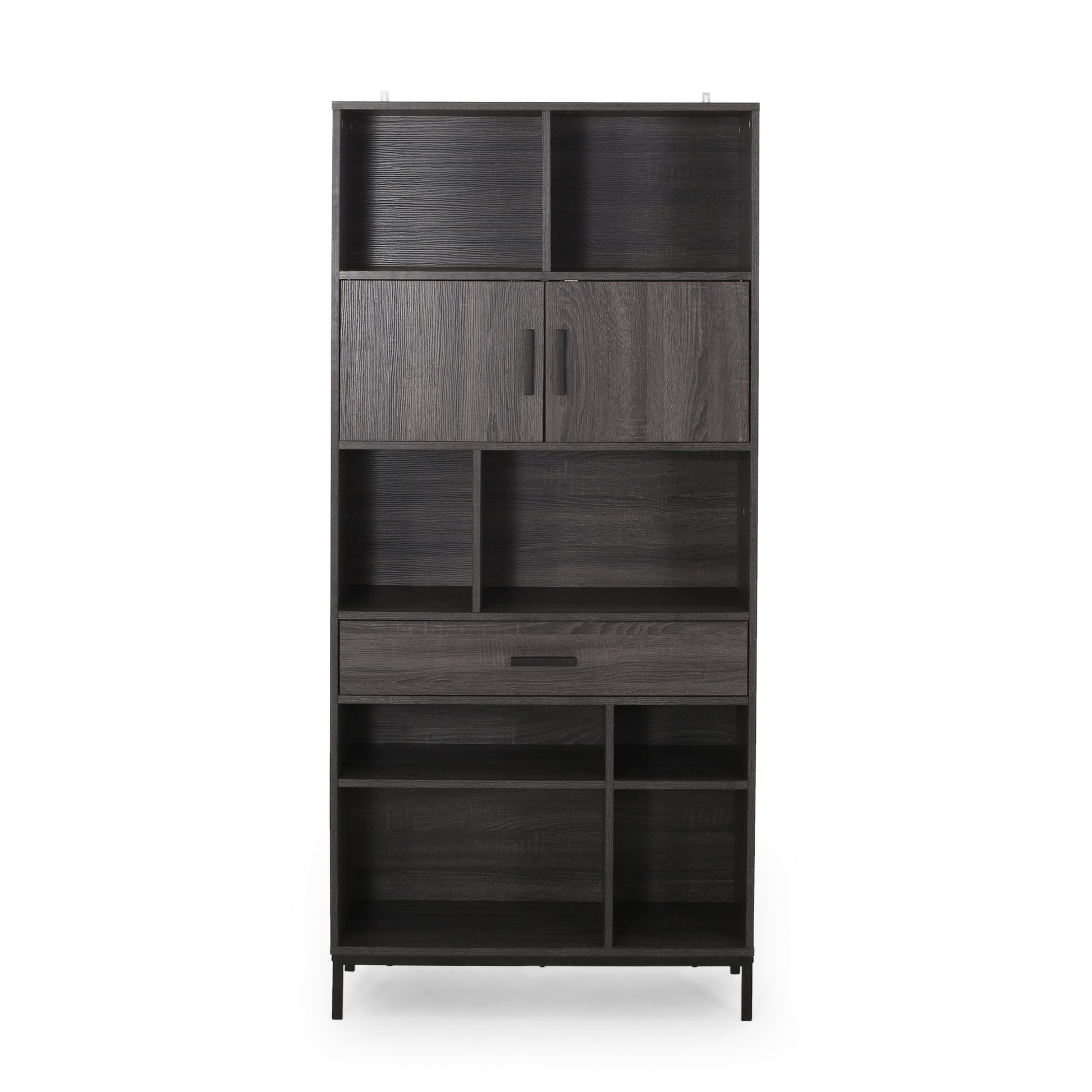 Dark grey modern bookshelf with multiple shelves and two cabinet doors
