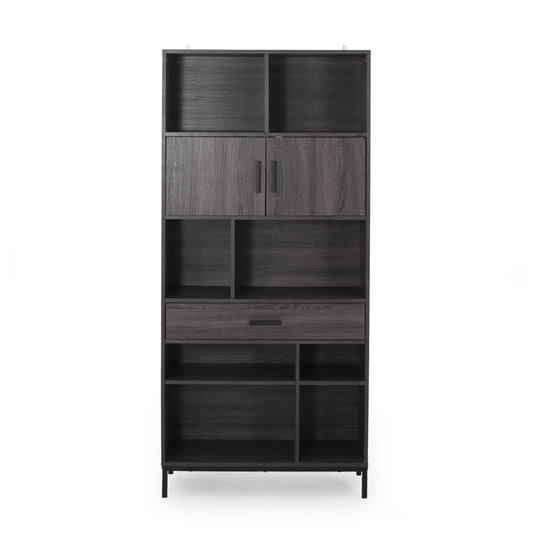 Dark grey modern bookshelf with multiple shelves and two cabinet doors
