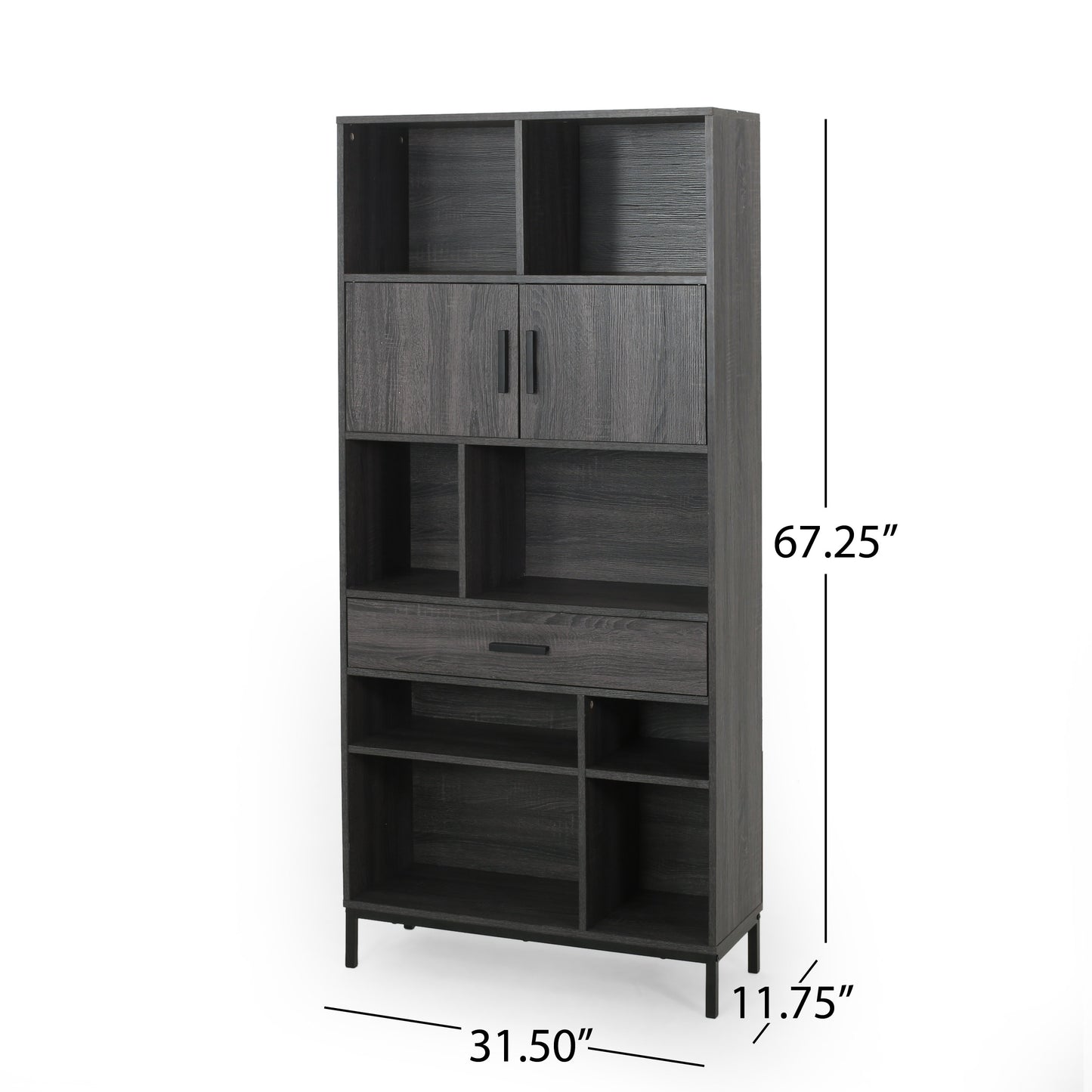 Gray wood veneer tall bookcase with multiple shelves and two cabinet doors