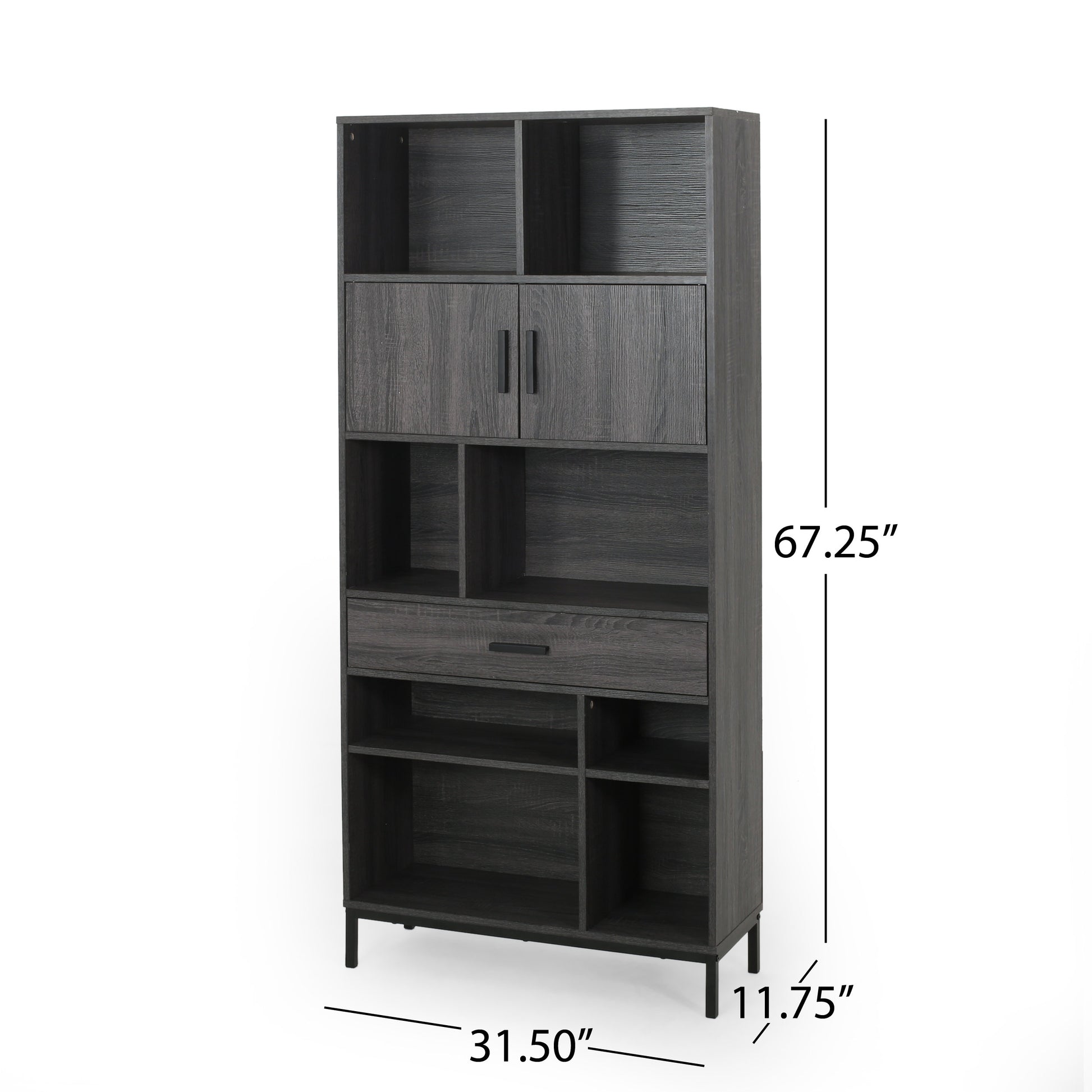 Gray wood veneer tall bookcase with multiple shelves and two cabinet doors