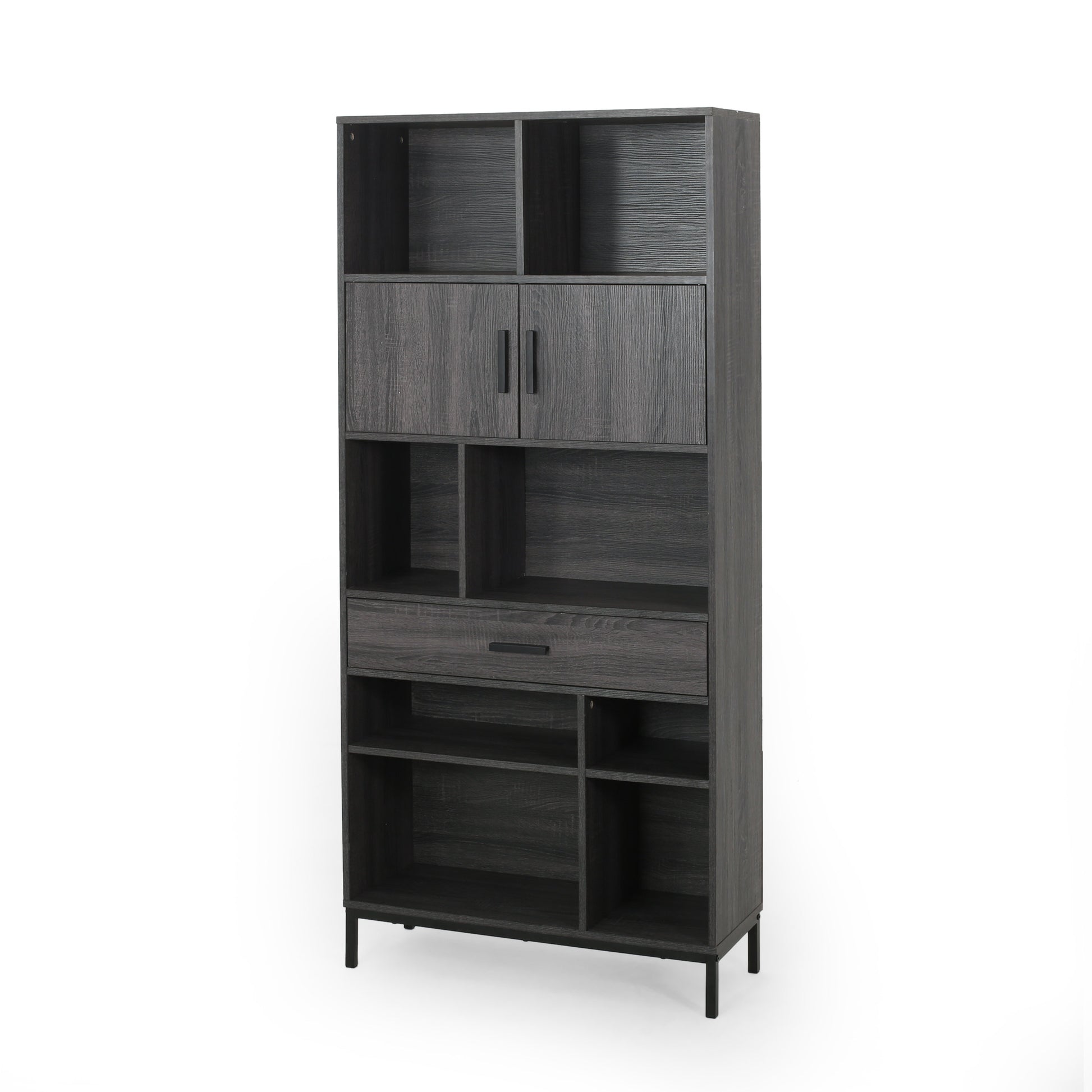 Dark grey wood bookshelf with open shelves and two cabinet doors