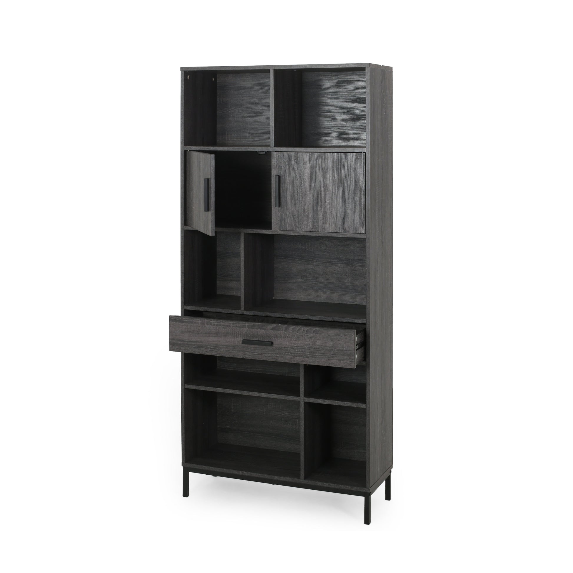 Gray wood tall bookshelf with open shelves and two doors