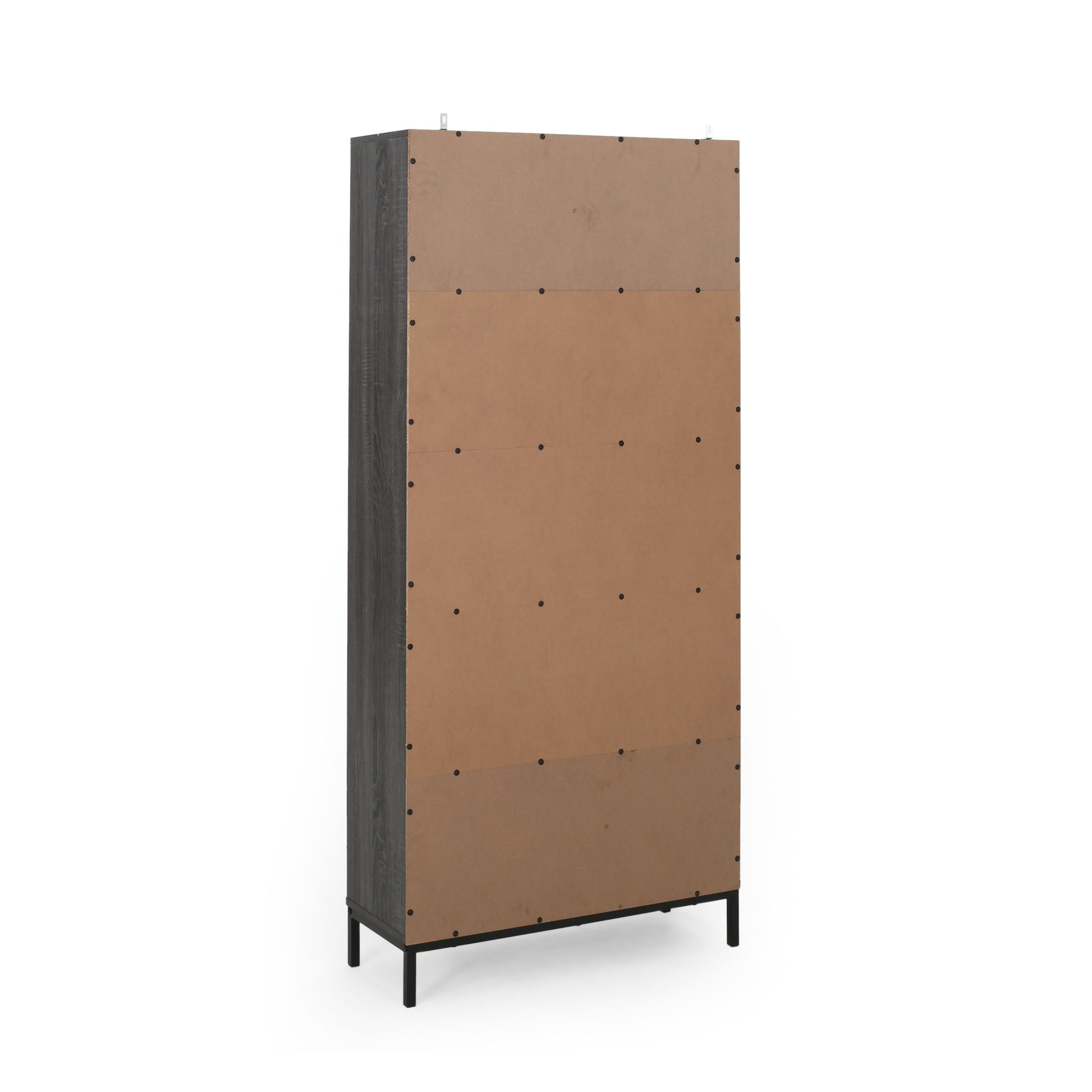 Dark gray wood grain bookcase back panel with visible screw attachments and black metal legs