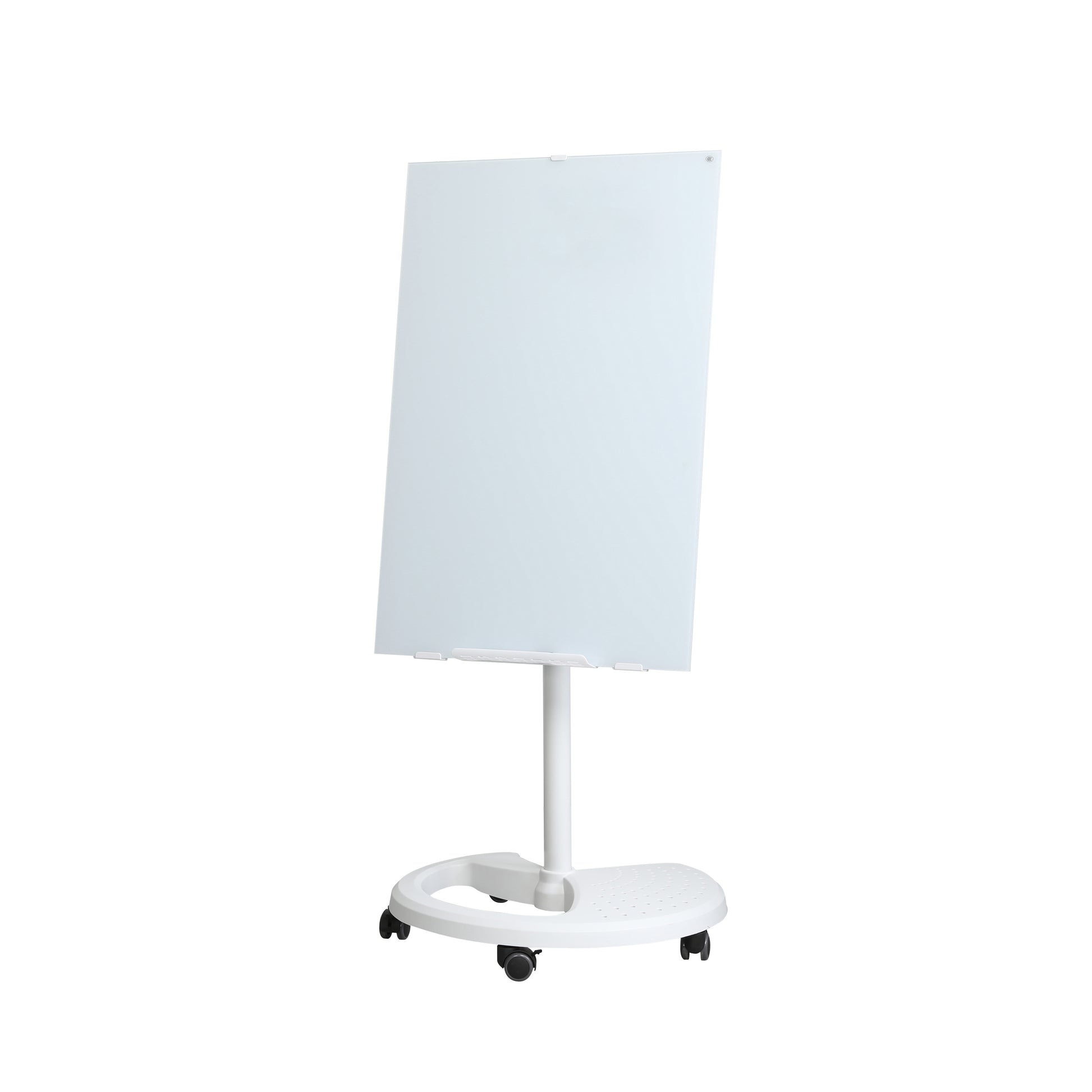 White glass whiteboard on a portable rolling stand