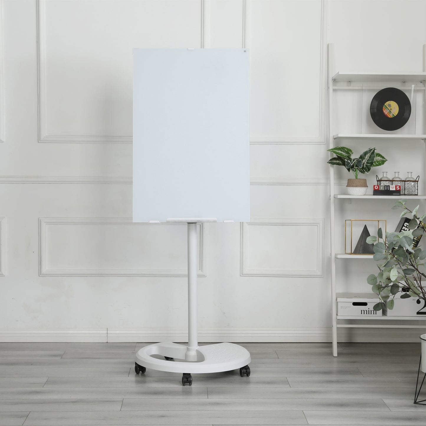 White mobile glass whiteboard with sturdy rolling base and adjustable height
