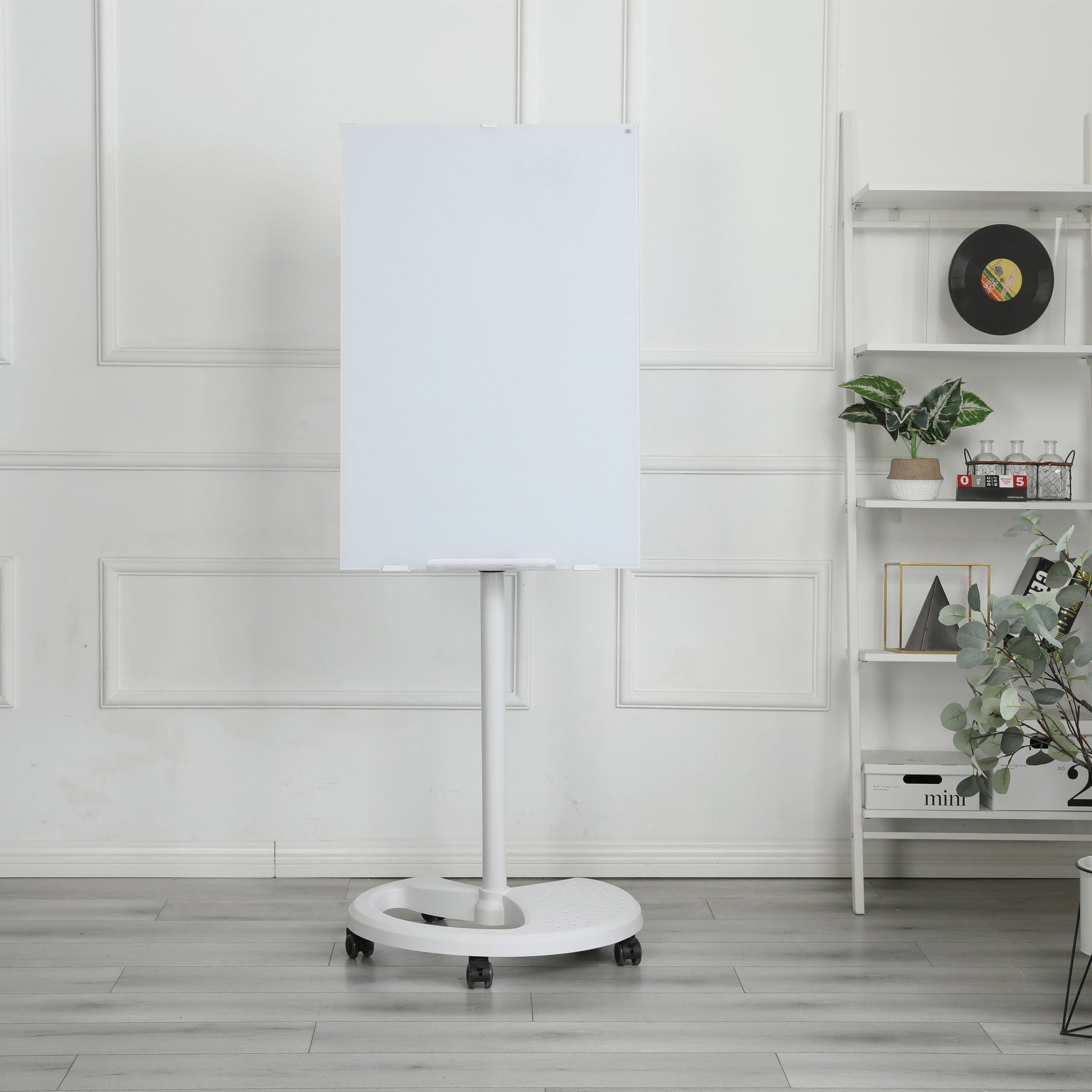 White mobile glass whiteboard with sturdy rolling base and adjustable height
