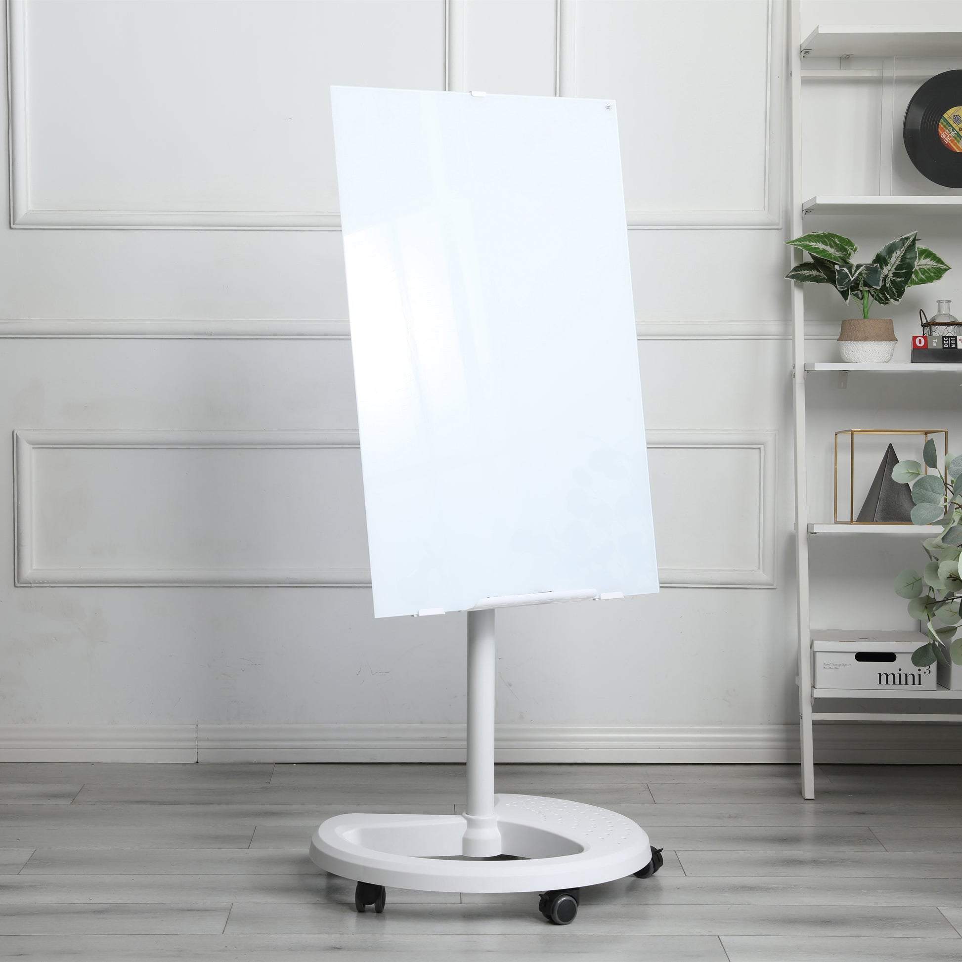 White mobile glass whiteboard with smooth surface