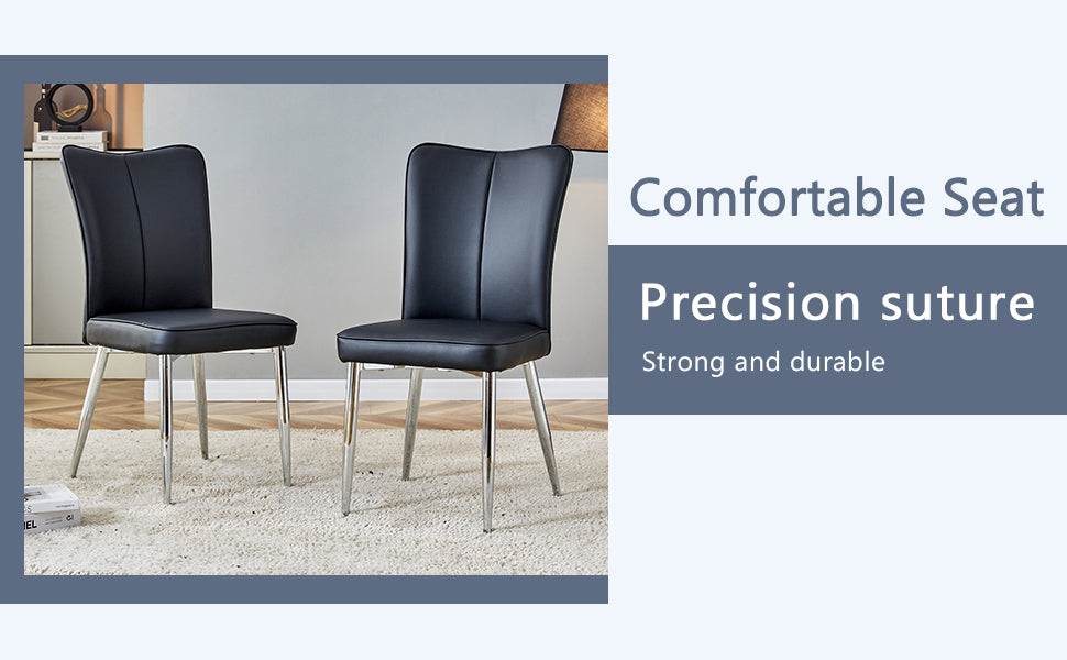 Two black faux leather dining chairs with chrome legs on a cream rug