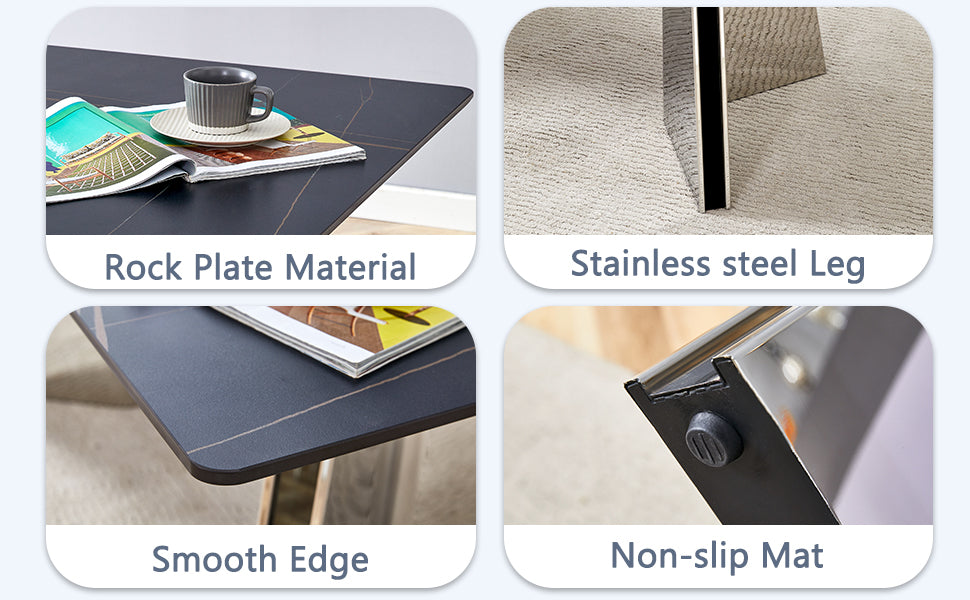 Dark rock plate dining table with marble veining featuring a coffee cup and magazines
