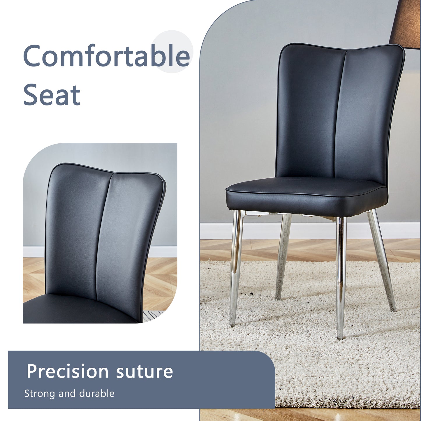 Black faux leather dining chair with silver legs