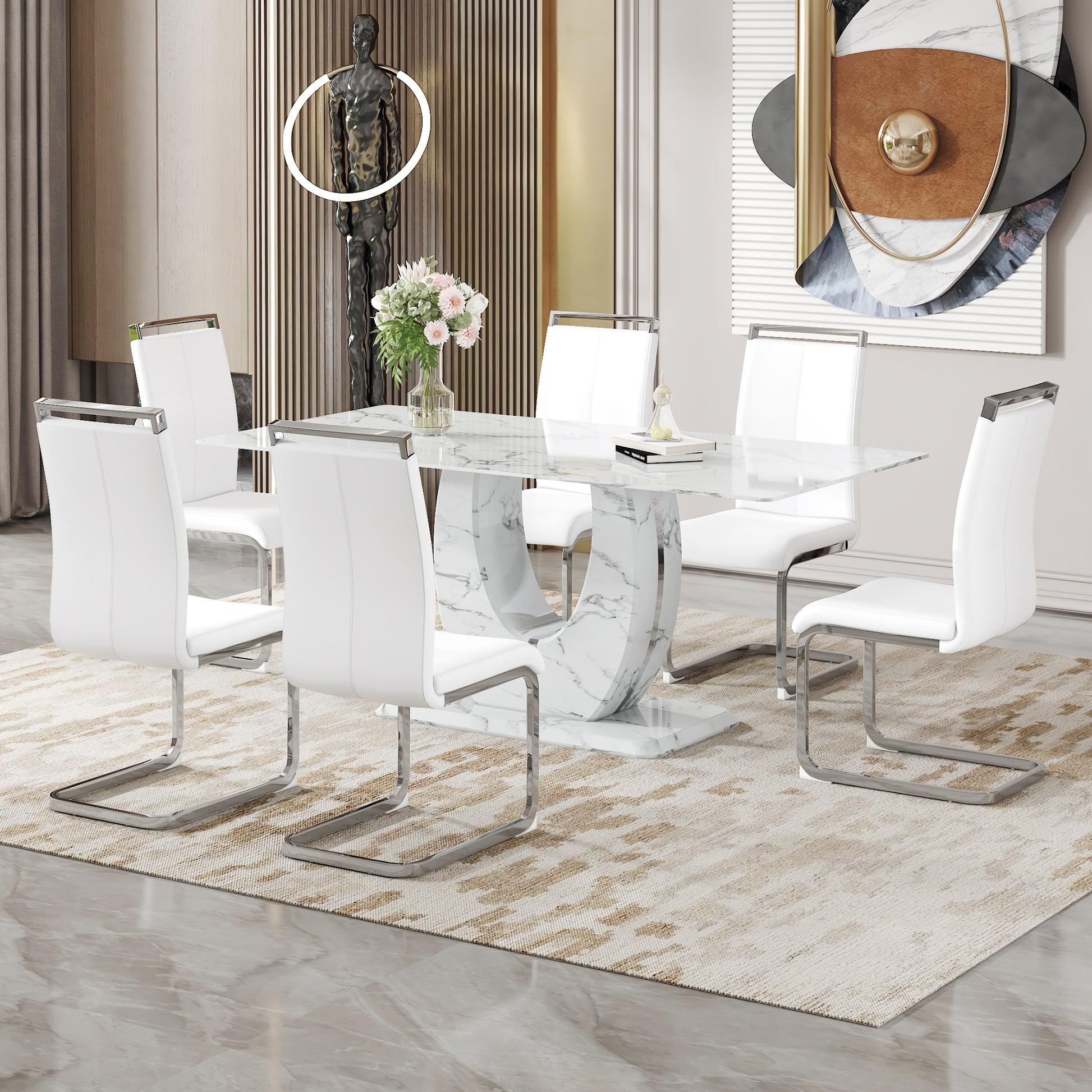 Modern white faux leather dining chair with chrome cantilever legs