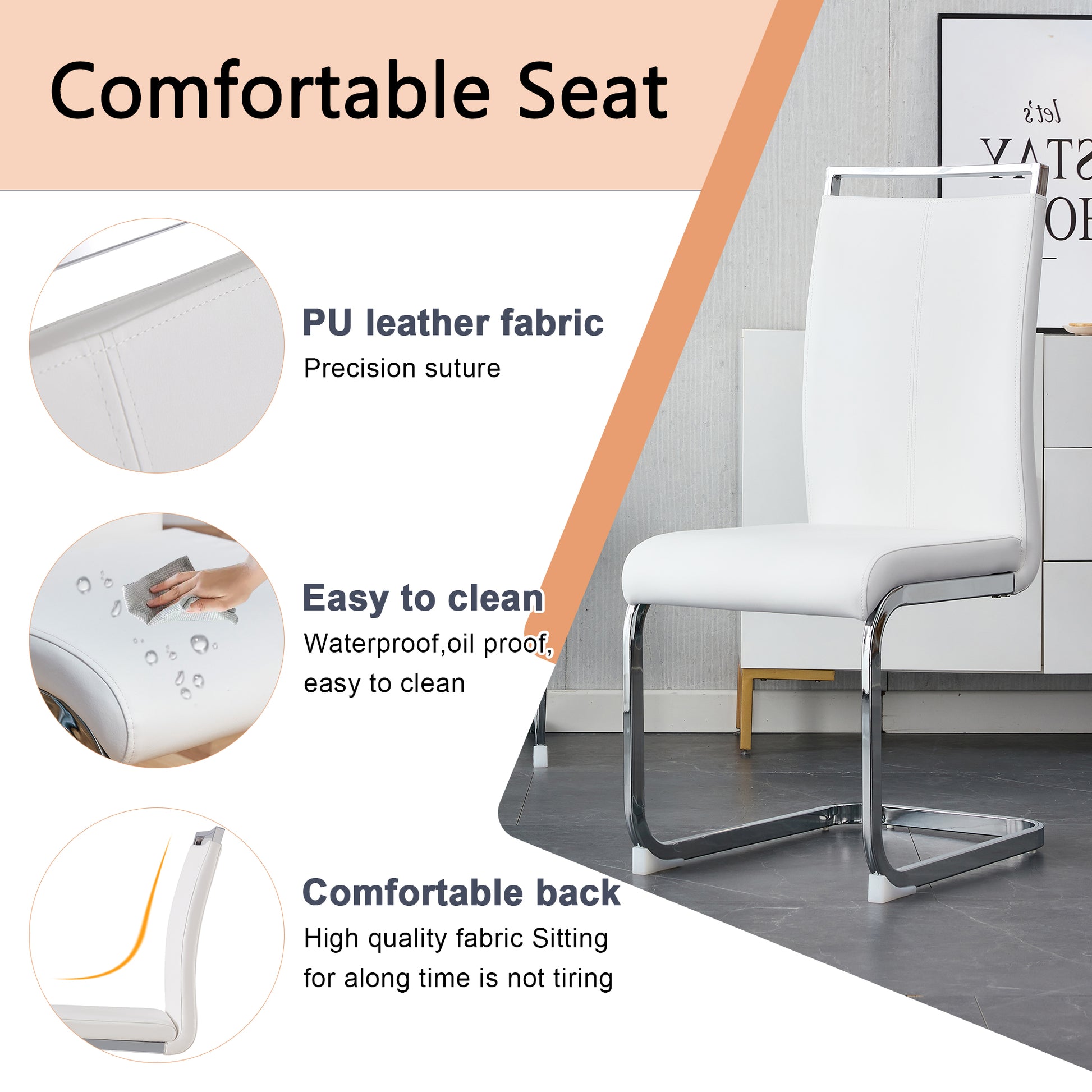 White faux leather dining chair with sleek chrome cantilever legs