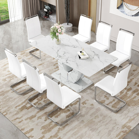White faux leather dining chairs with chrome legs