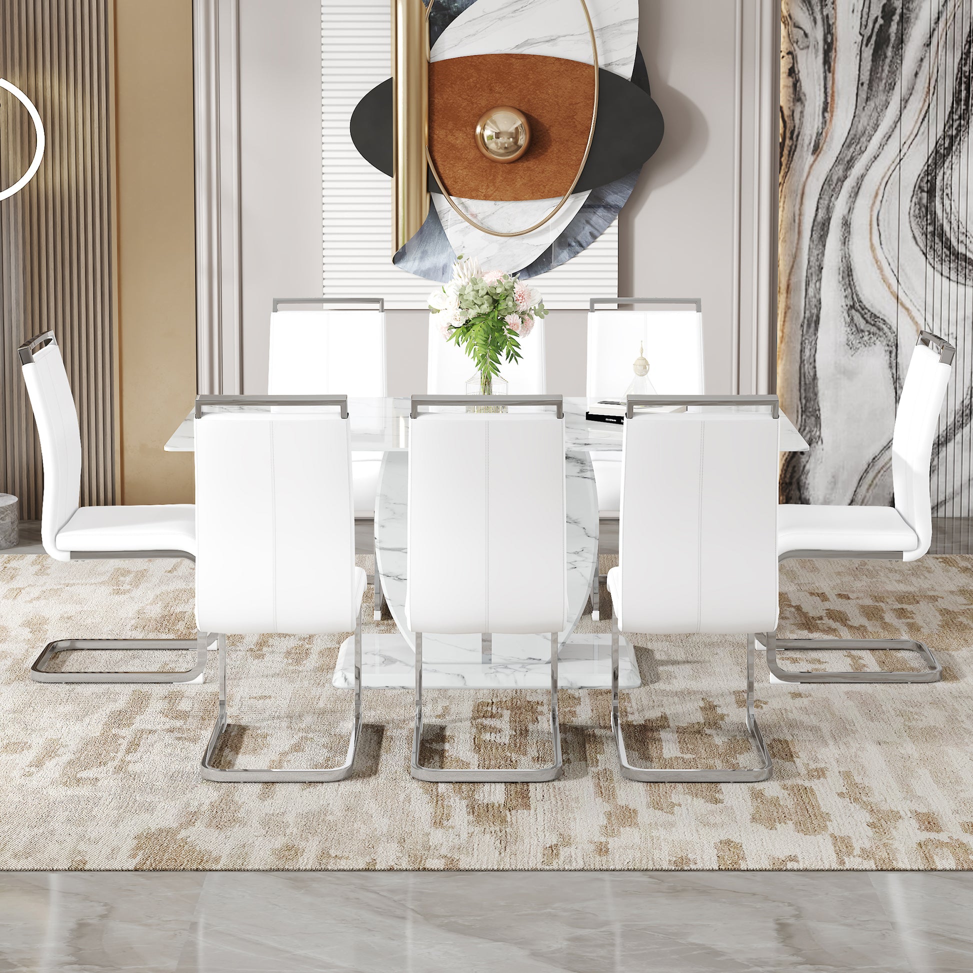 White faux leather dining chair with chrome sled legs