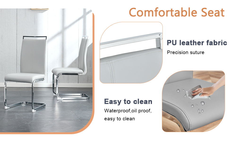 Light gray PU leather dining chair with chrome sled base