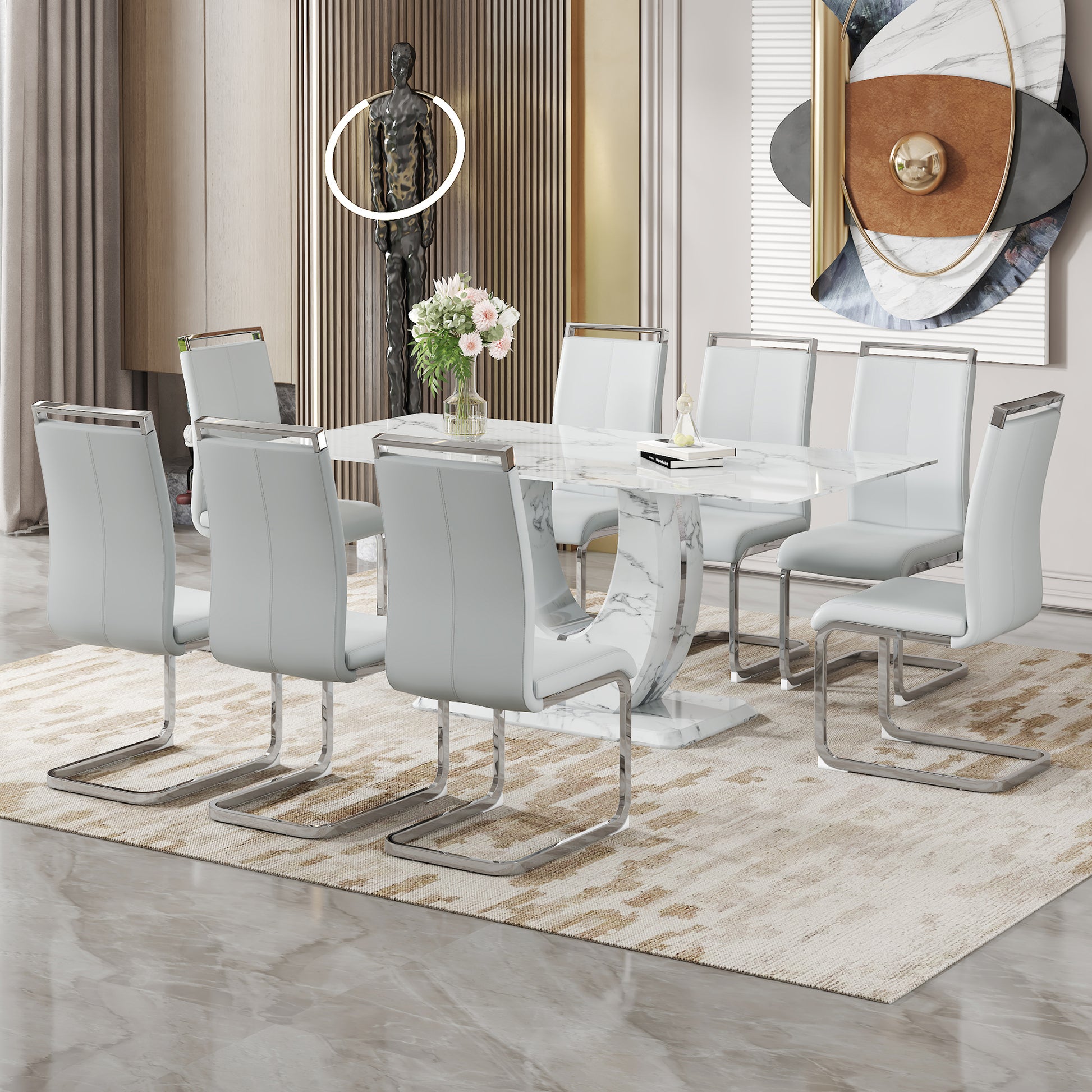Modern marble dining table with sleek white chairs