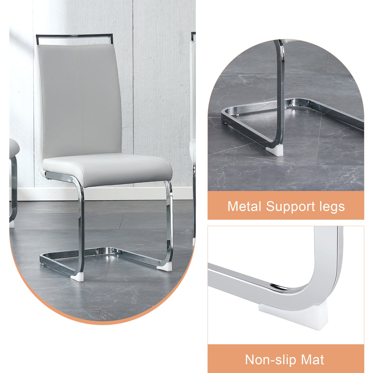 Modern light gray faux leather dining chair with chrome cantilever legs