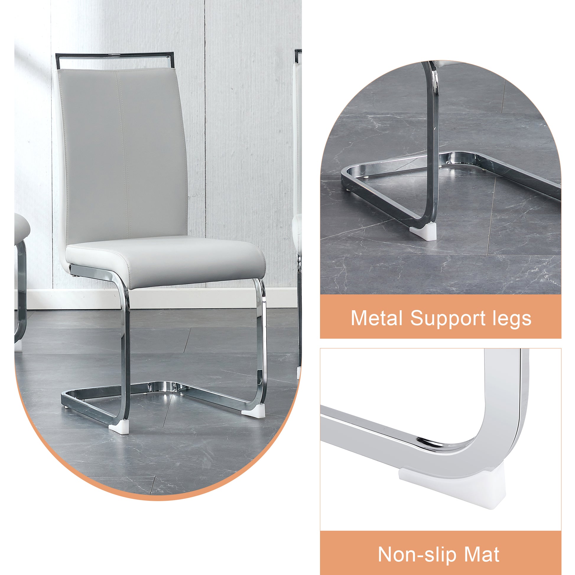 Modern light gray faux leather dining chair with chrome cantilever legs